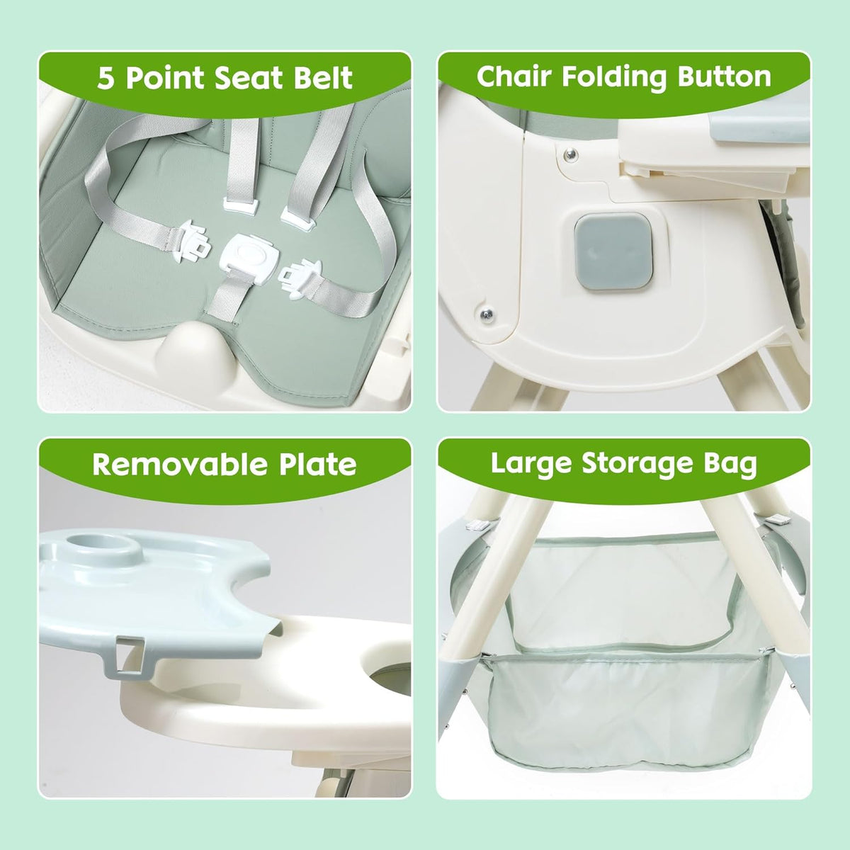 5 in 1 Convertible Baby High Chair, Foldable Portable Infant Chair with Adjustable Height and 3 Position Reclining Backrest, Sturdy Travel Friendly Toddler Seat [Plus A Free Gift]
