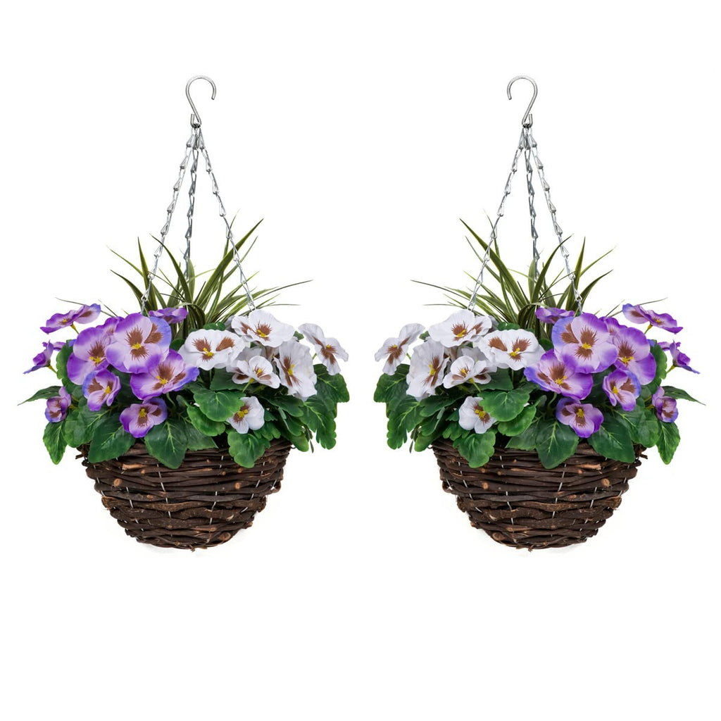 2 Pcs Coco Coir Artificial Hanging Planters, Fake Pink White Pansies Floral Arrangement with Decorative Grasses, UV Waterproof Hanging Basket for Indoor Outdoor Garden Decor