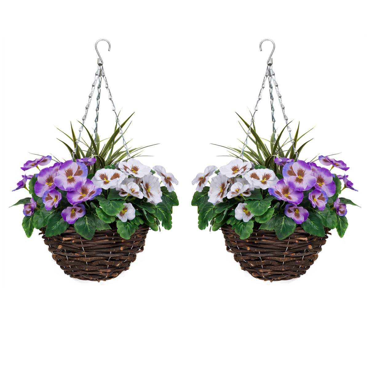2 Pcs Coco Coir Artificial Hanging Planters, Fake Pink White Pansies Floral Arrangement with Decorative Grasses, UV Waterproof Hanging Basket for Indoor Outdoor Garden Decor