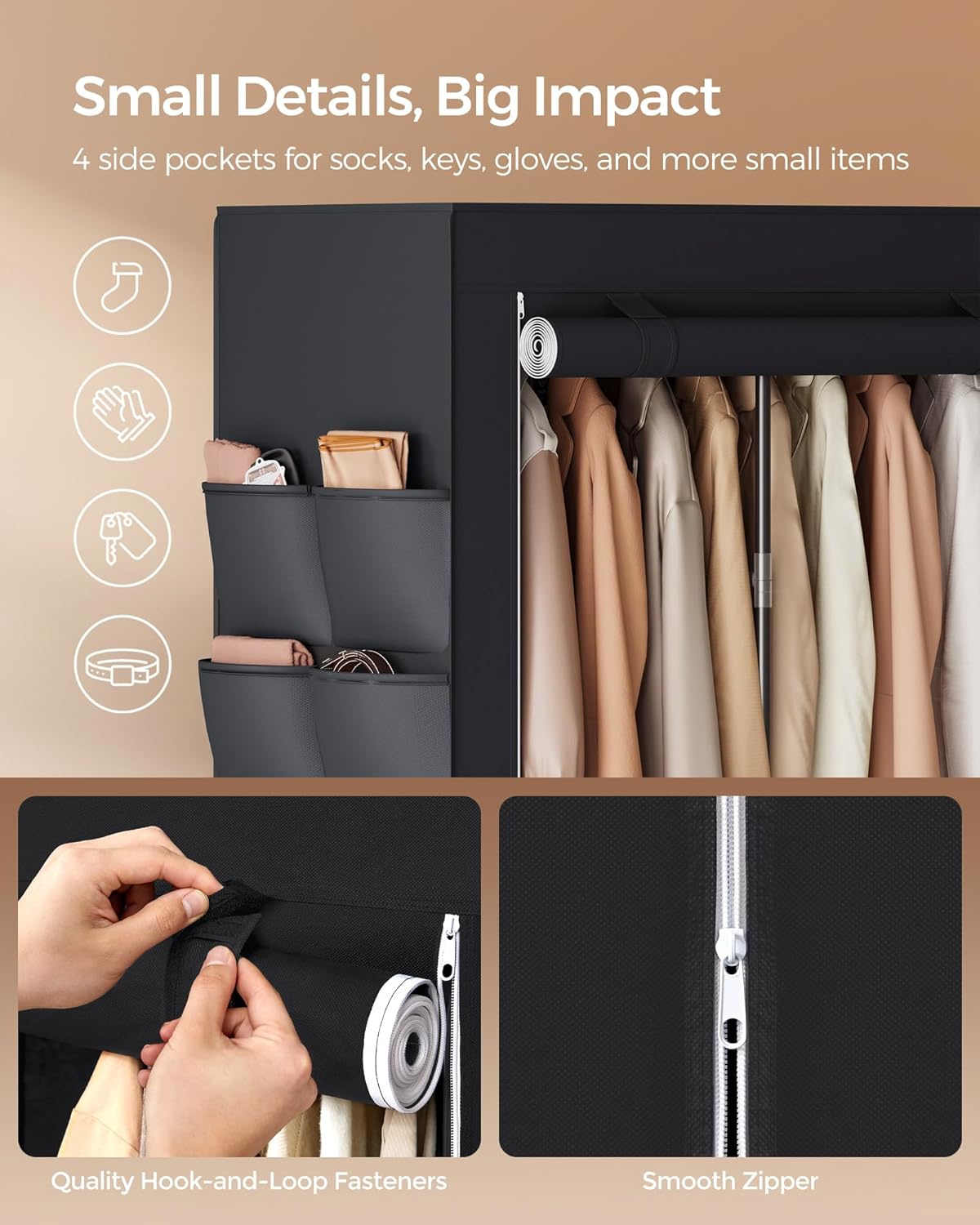 Large Portable Wardrobe Closet - 170x45x167cm | 4 Hanging Rails, Shelves & 4 Side Pockets | Heavy Duty Garment Organizer | For Bedroom, Living Room | Black