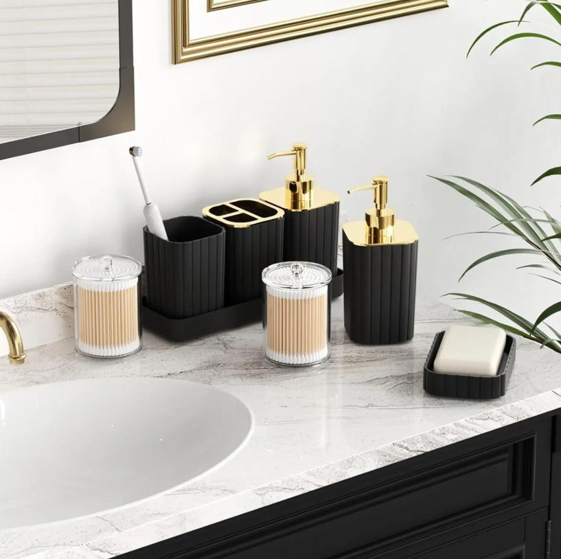 10-Piece Black Gold Bathroom Accessories Set, Complete Bathroom Organizer Kit with Trash Can, Toilet Brush, Toothbrush Holder, Soap Dispenser, Soap Dish, Rinse Cup, Cotton Swab & Cotton Ball Storage Jars for Countertop Decor