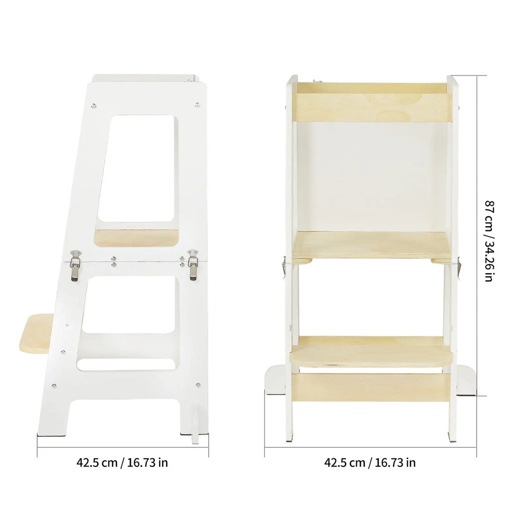 3-in-1 Toddler Learning Tower Step Stool & Mini Desk with Safety Rail and Black & Whiteboard for Kitchen Counter