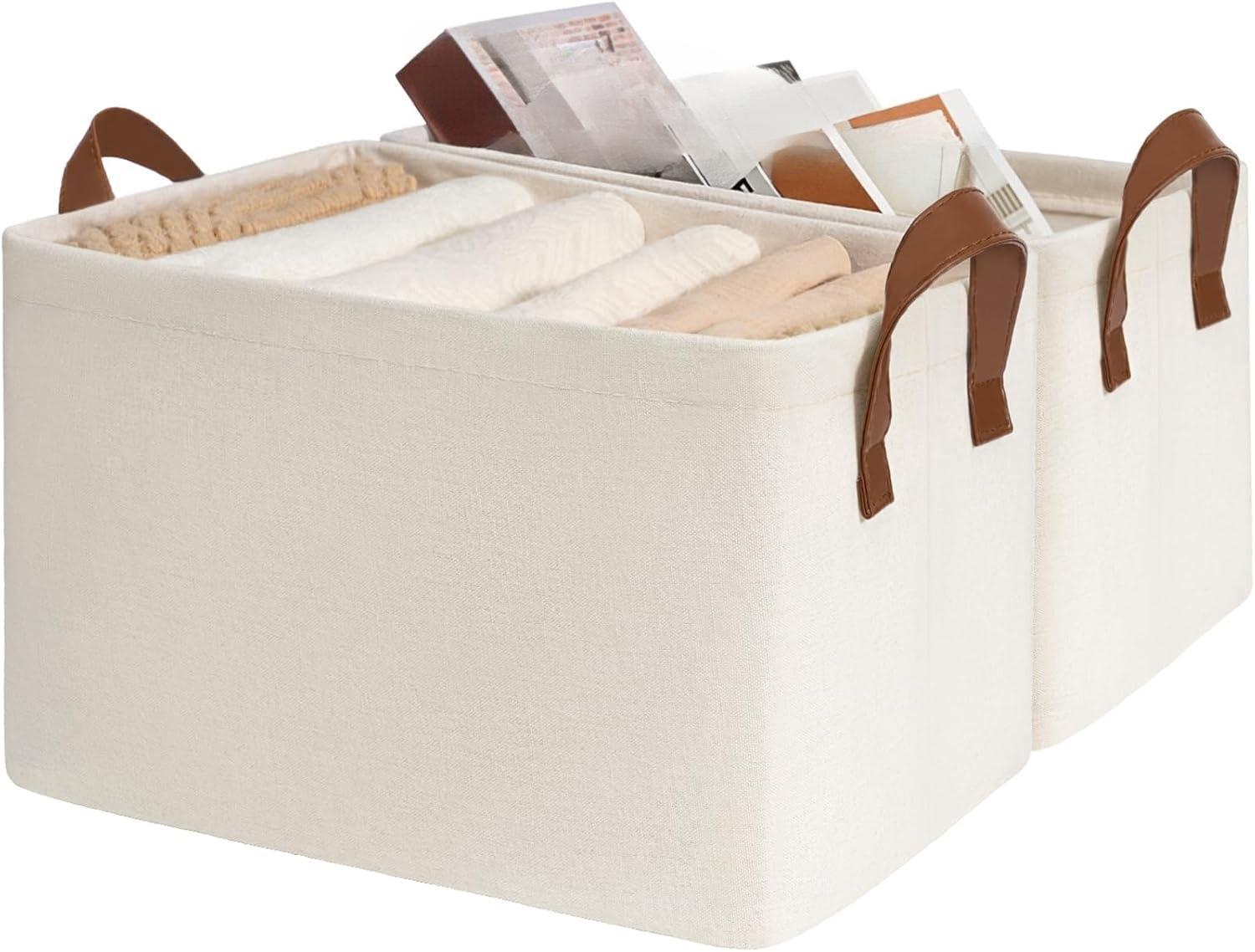 Storage Baskets, Storage Boxes for Shelves, Closet Organizers, Baskets for Shelves, Large Foldable Wardrobe Fabric Boxes, 43 x 28 x 25 cm, Beige, 2-Pack