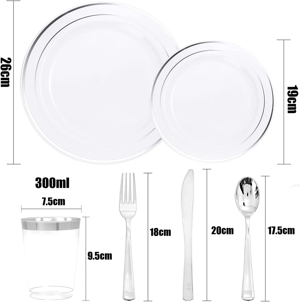 Multi-Use  Plastic Dinnerware Set,  Resuable Dinner Plates,  Salad Plates,  Knives,  Mini Forks,  Spoons,  300ml Cups for Wedding Anniversary Garden Party