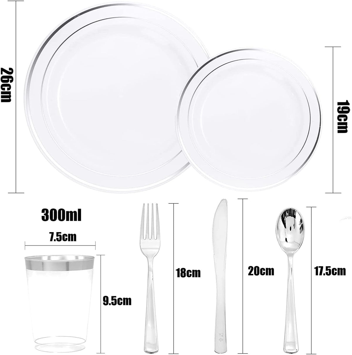 Multi-Use  Plastic Dinnerware Set,  Resuable Dinner Plates,  Salad Plates,  Knives,  Mini Forks,  Spoons,  300ml Cups for Wedding Anniversary Garden Party