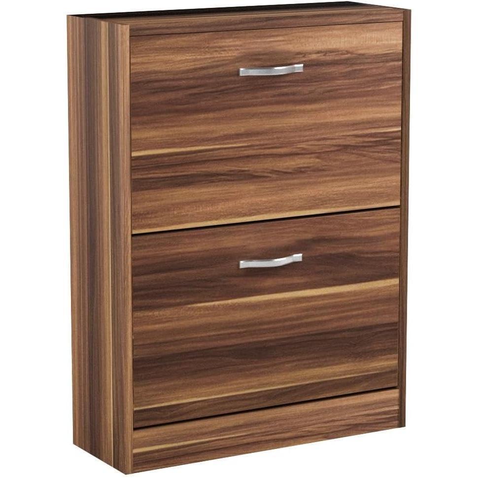 Wooden Shoe Cabinet for Hallway Entryway, Slim Dustproof Shoe Storage Unit with 2 Pull-Down Drawers, Space-Saving Multifunctional Cupboard in Walnut