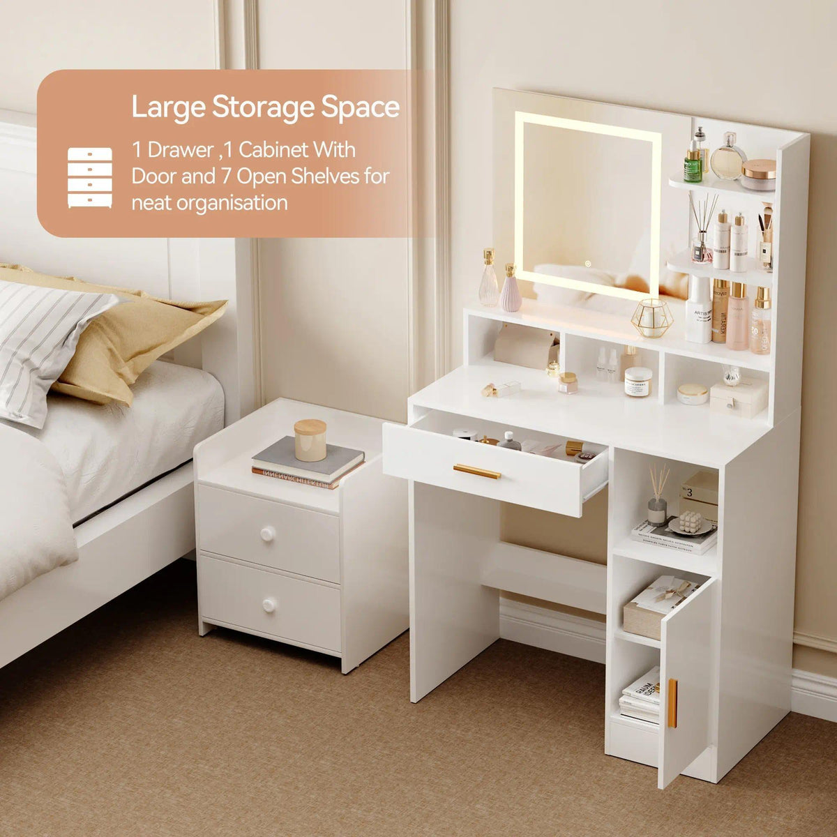 Modern Dressing Table, Vanity Desk with LED Lighted Mirror & Drawers, Touch‑Control 3 Color Modes Brightness Adjustable Makeup Table, Large Open Storage Shelves Cabinet, Cosmetic Vanity Desk for Bedroom