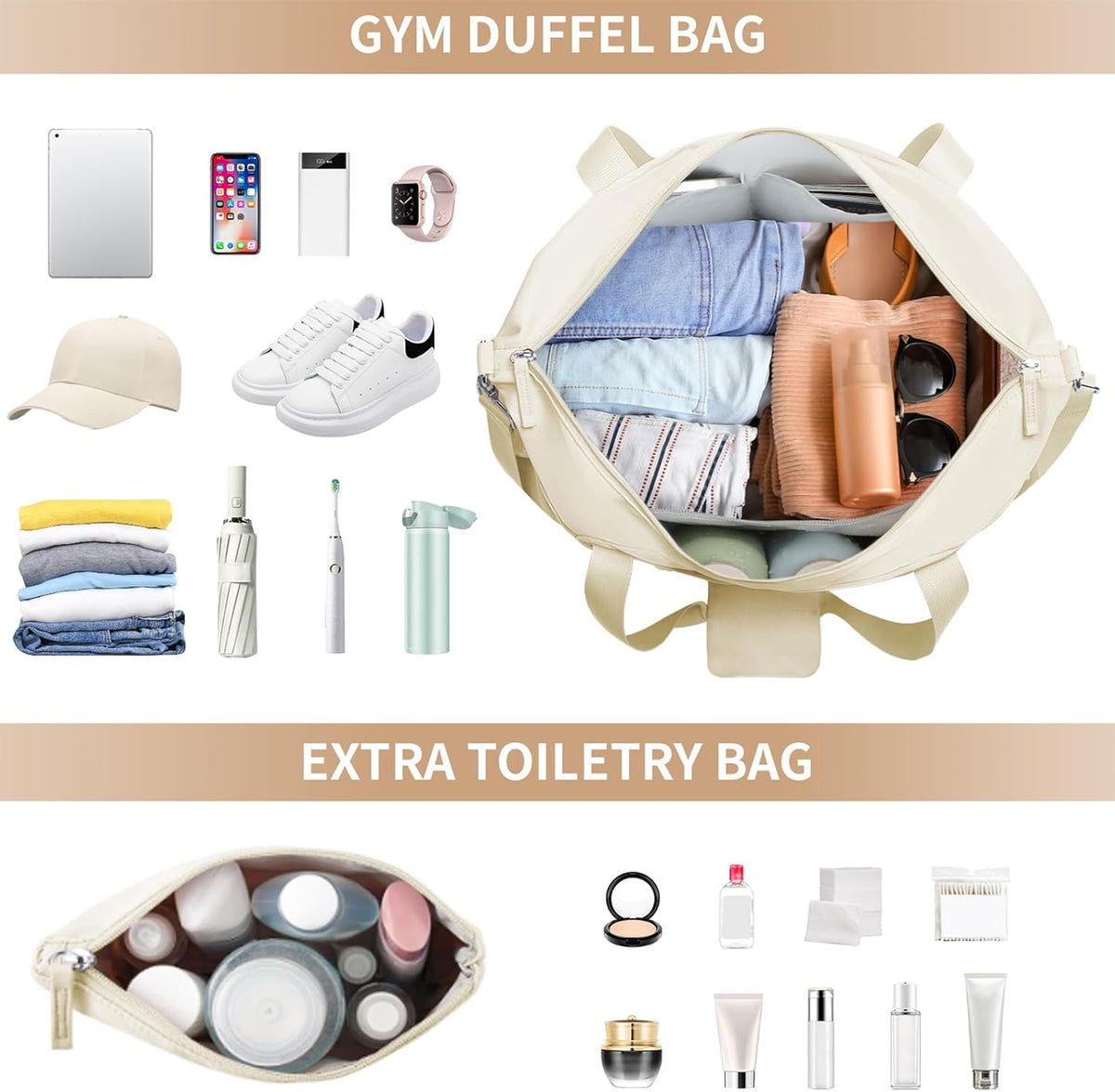 Gym Bag Womens, Travel Duffel Bag, Easyjet Cabin Bag 45x36x20 Underseat, Weekend Bag with Shoes Compartment, Hospital Bag with Wet Pocket & USB Charging Port, Overnight Sports Bag, Beige