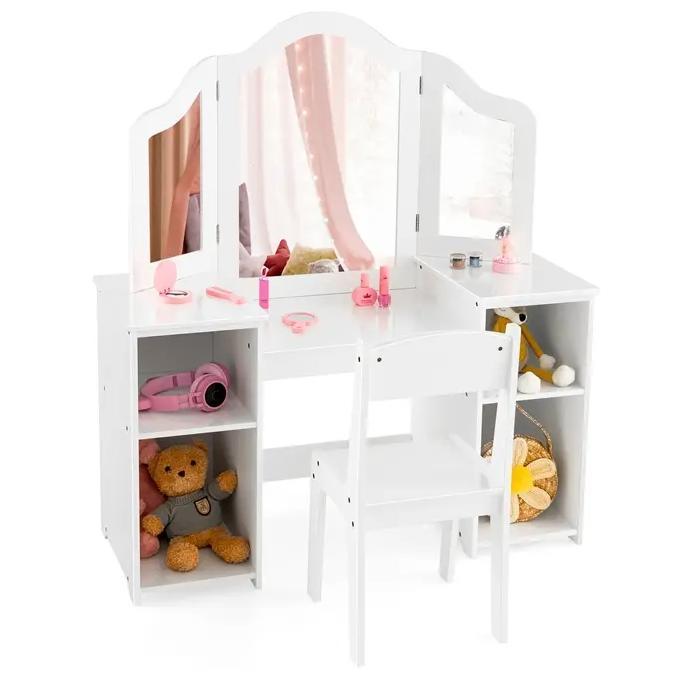 `2‑in‑1 Kids Vanity Table Set, Princess Dressing Desk with Removable Tri‑Fold Mirror, 4 Fabric Storage Bins & Matching Chair, Wooden Pretend Makeup Dresser for Girls for Bedroom Playroom Age 3+`