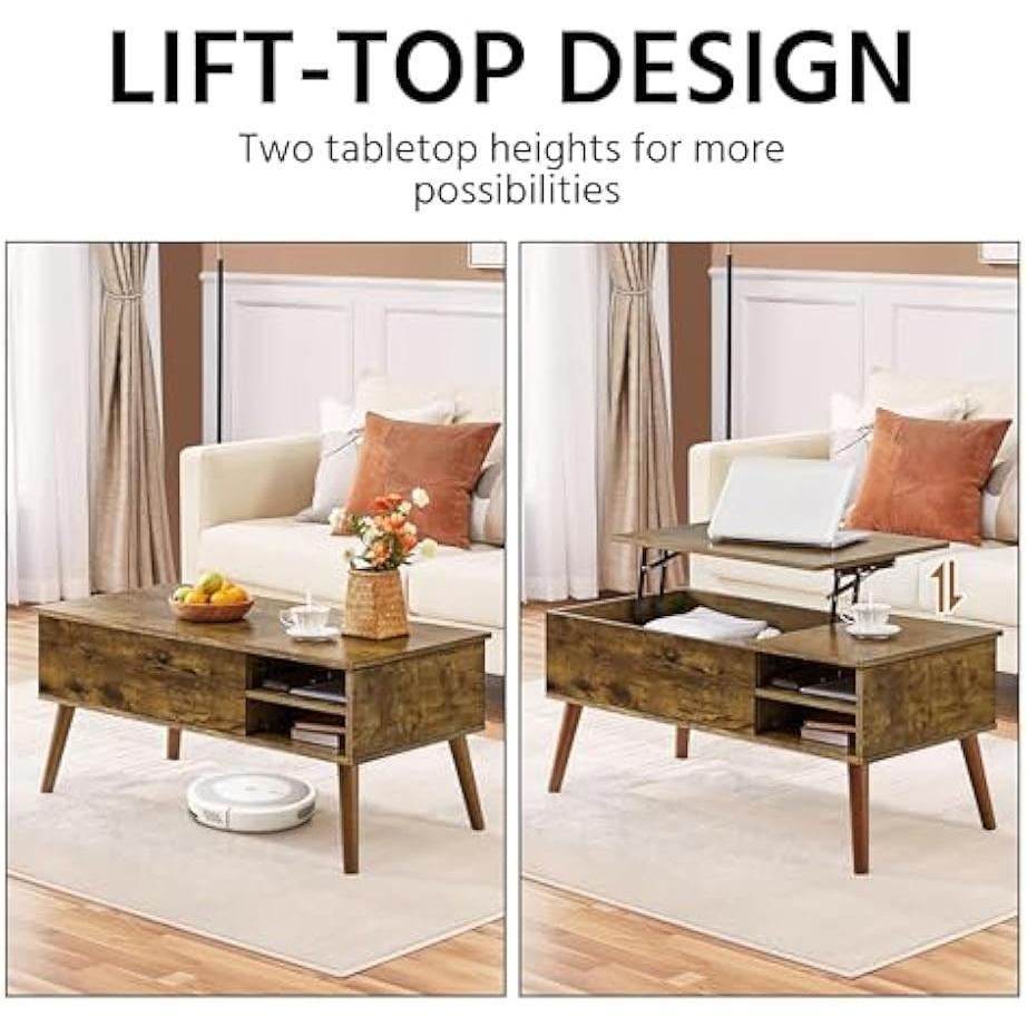 【NS】Lift Top Coffee Table, Industrial Style Coffee Table with Hidden Storage & Adjustable Storage Shelf, Center Table Sofa Table for Living Room, 100x48x45cm, Rustic Brown