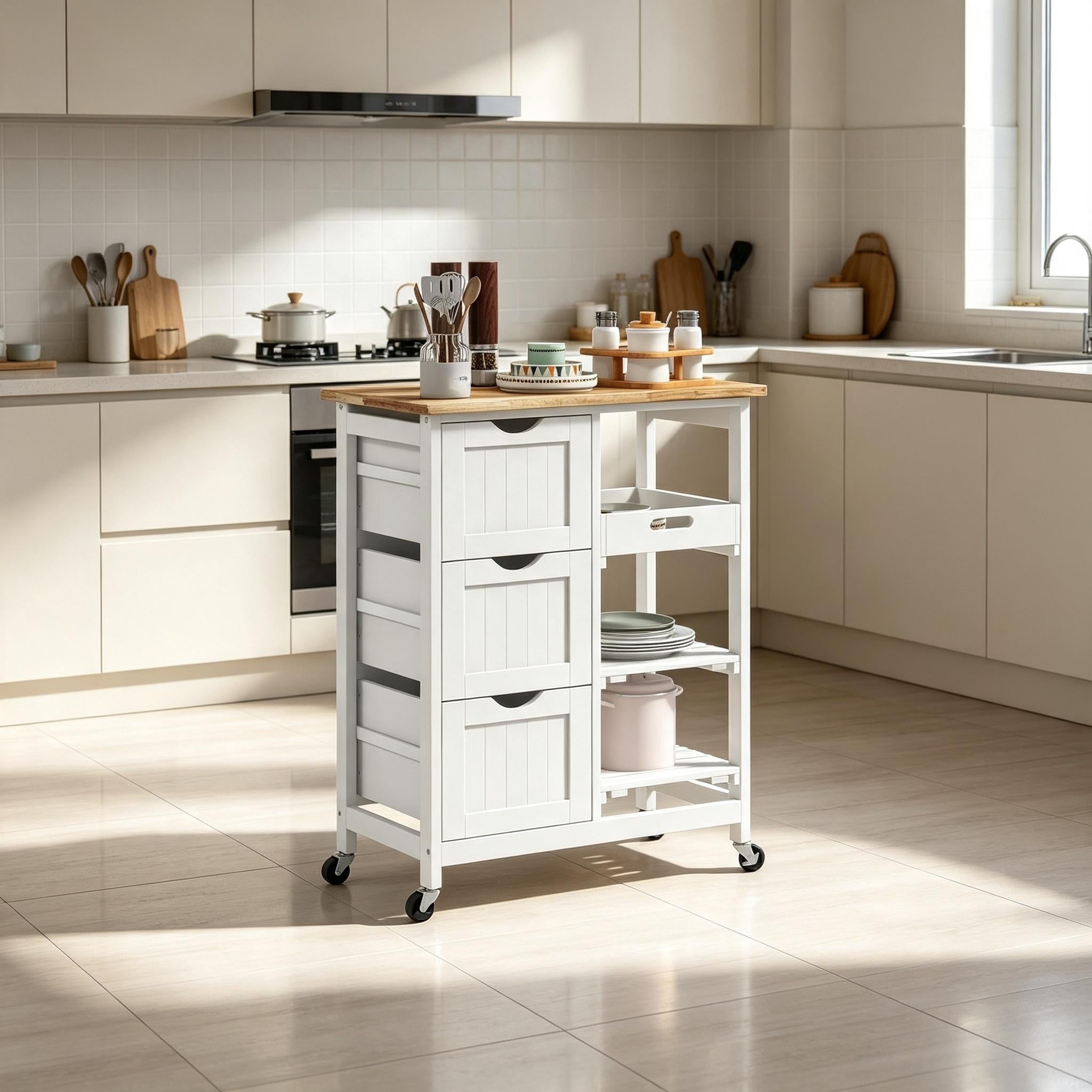 Rolling Kitchen Trolley Cart, Mobile Kitchen Island with Rubberwood Worktop, White MDF Storage Cart with 3 Drawers, Open Shelves & Removable Serving Tray, Lockable Wheels for Dining & Kitchen Storage