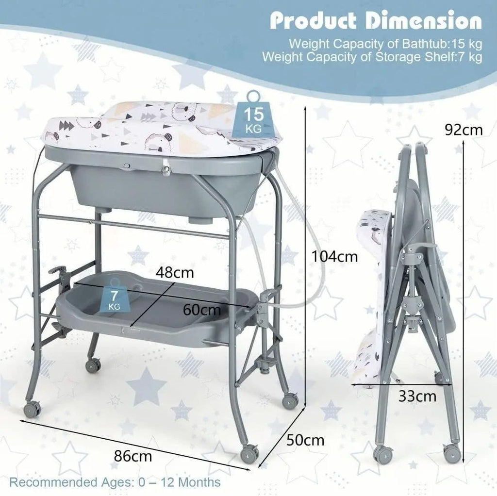 `4‑in‑1 Folding Baby Changing Table, Portable Infant Nursery Station with Built‑in Bath Tub, 4 Universal Rolling Wheels, PVC Changing Pad & Storage Tray, Newborn Massage Diaper Organizer Table`