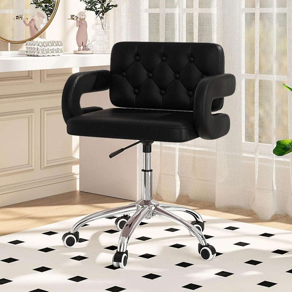 Faux Leather Swivel Office Chair, Height Adjustable Ergonomic Desk Chair, Vanity Chairs Lumbar Support and C-Armrests for Office Bedroom Living Room, Pink