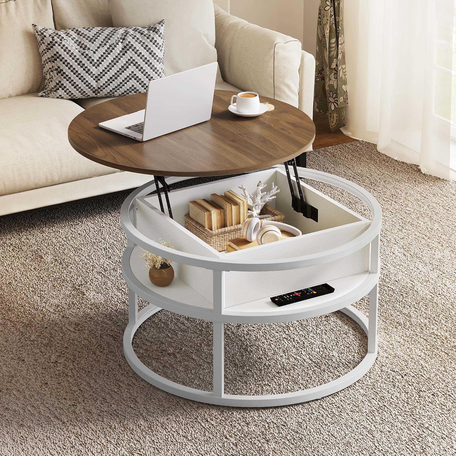 Round Lift Top Coffee Table for Living Room, Rustic Wooden Center Table with Hidden Storage Compartment & Side Open Shelves, Multifunctional Lift‑Up Dining Work Table for Small Space Apartment Home Office