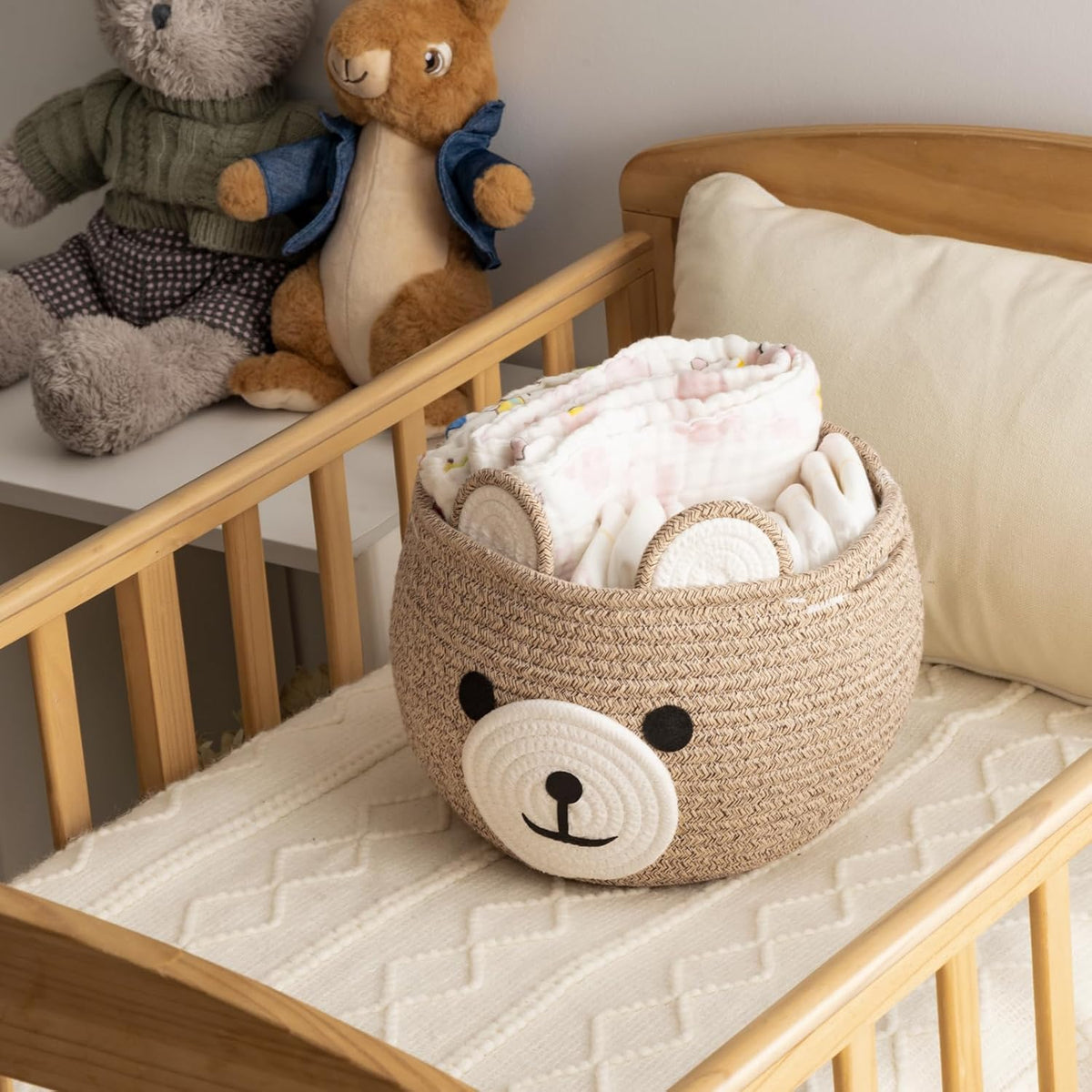 Storage Basket, Toy Storage, Baby Basket for Nursery, Bear Gift Baskets for Kids,Small Empty Baby Shower Baskets with Handles, 26.6 x 21.6 cm, Light Brown