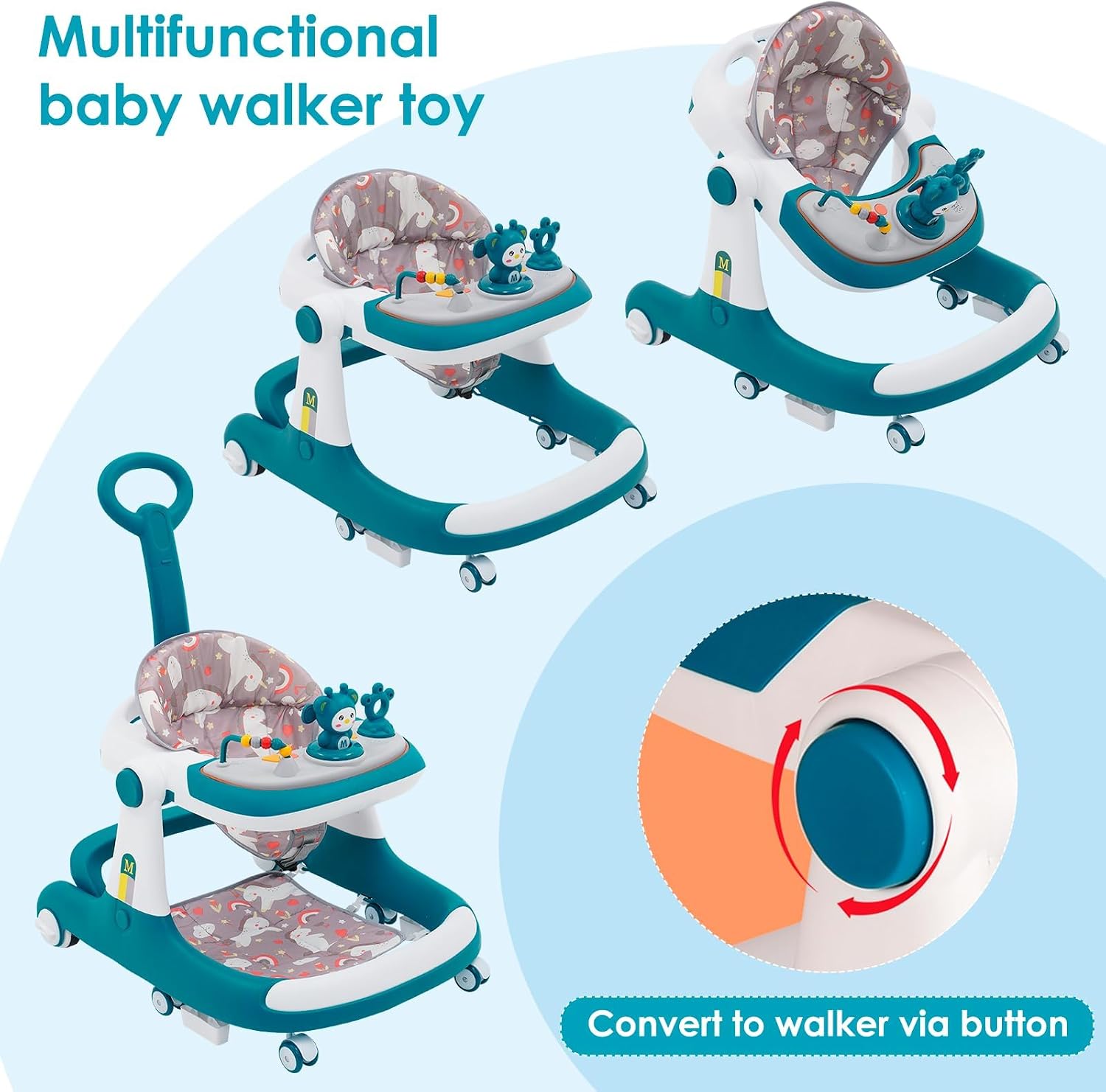 Baby Walker, 3 in1 Multifunction Anti-Rollover Toddler Walker, Push Along Walker, with Wheels & Brake & Push Handle & Removable Table for Boys and Girls Baby
