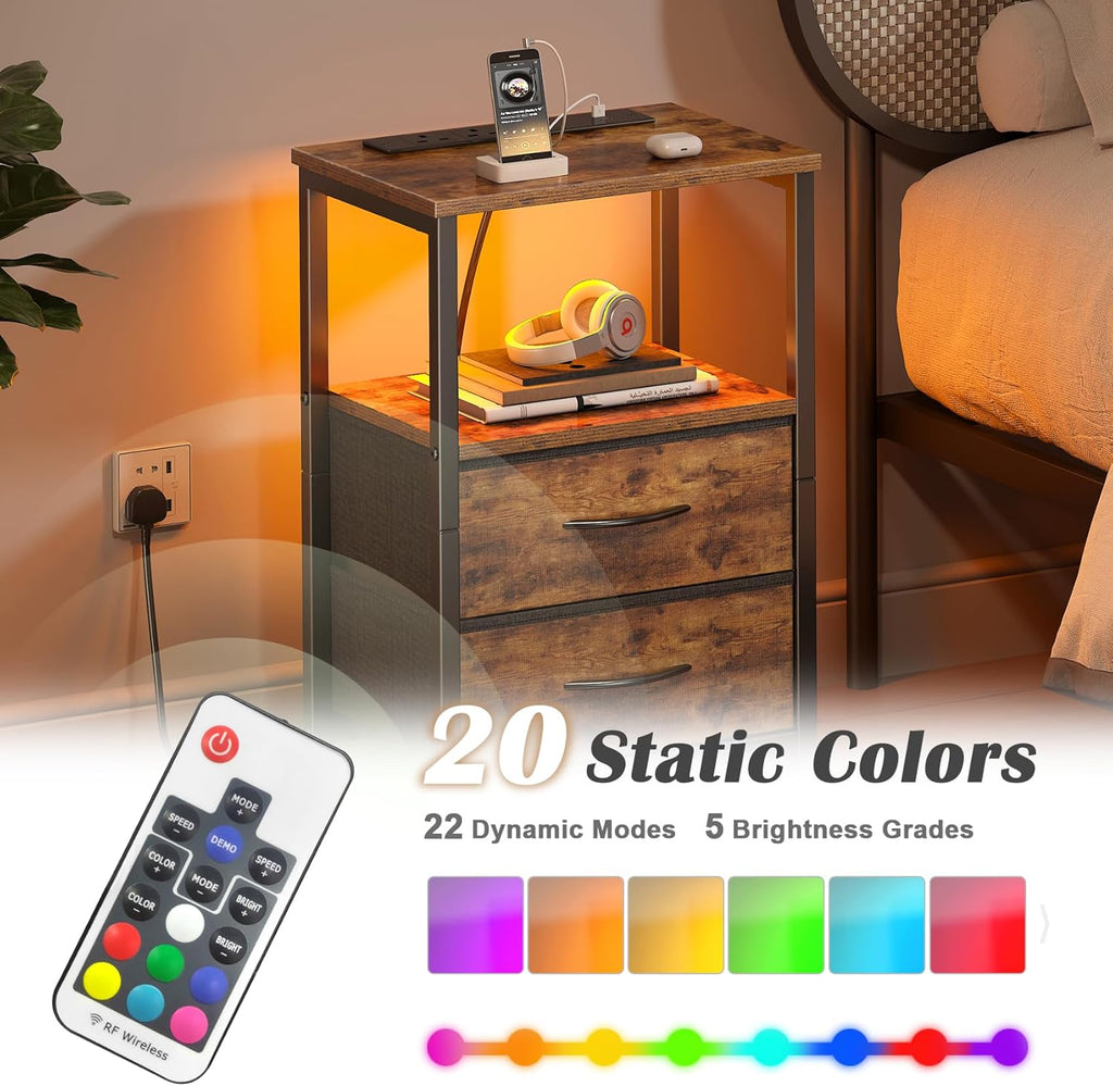 Yornoli Set of 2 Bedside Table with Charging Station 40cm Wide Bed Side Table for Bedroom with Fabric Drawers Small End Tables with Led Lights for Living Room Small Spaces Rustic Brown