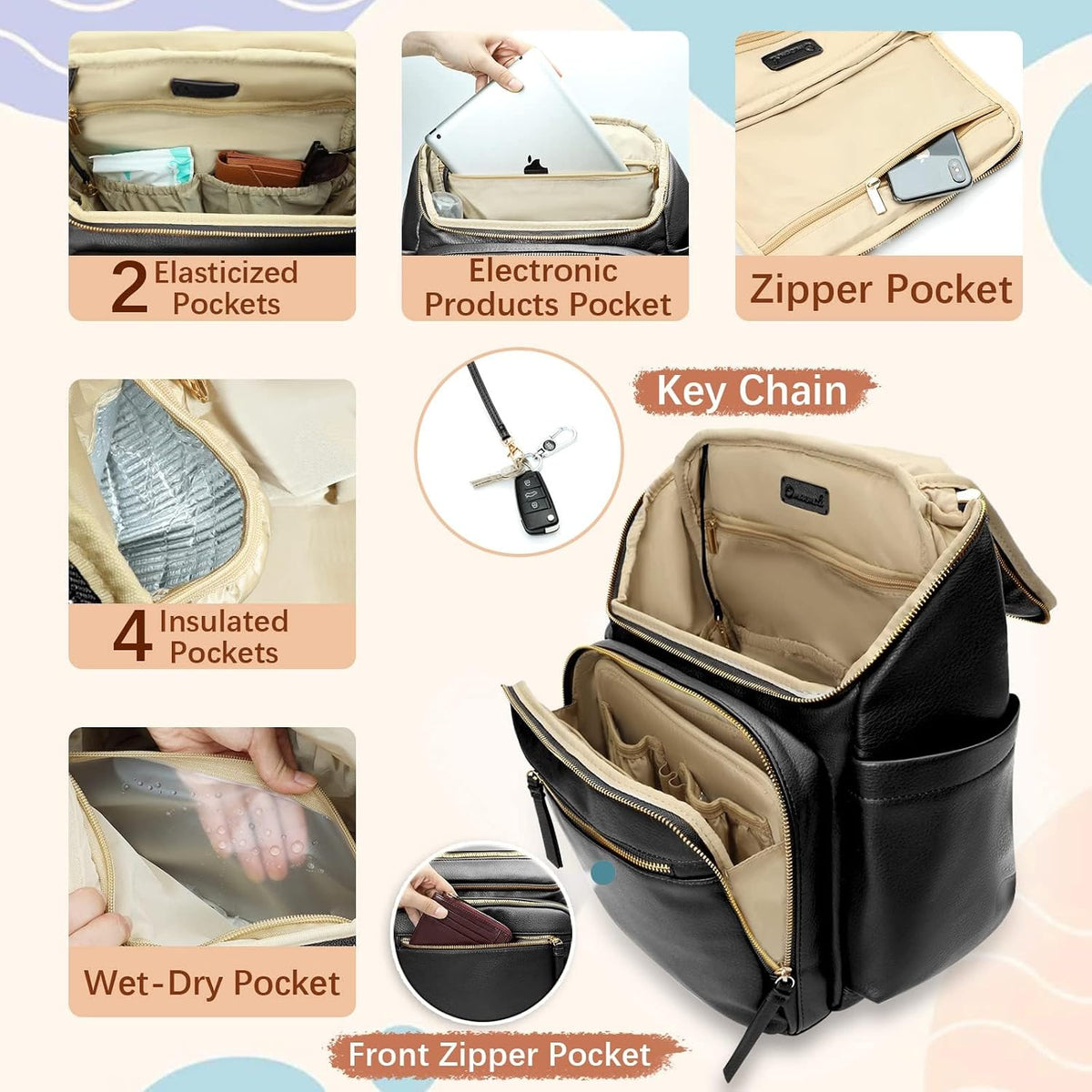 MISS FONG Baby Changing Bags, Changing Backpack Baby Bag Nappy Backpack Diaper Bag for Mom & Dad Leather Maternity Large Pregnancy Hospital Bag with 4Insulated Pockets Pram Clip& Changing Mat- Black