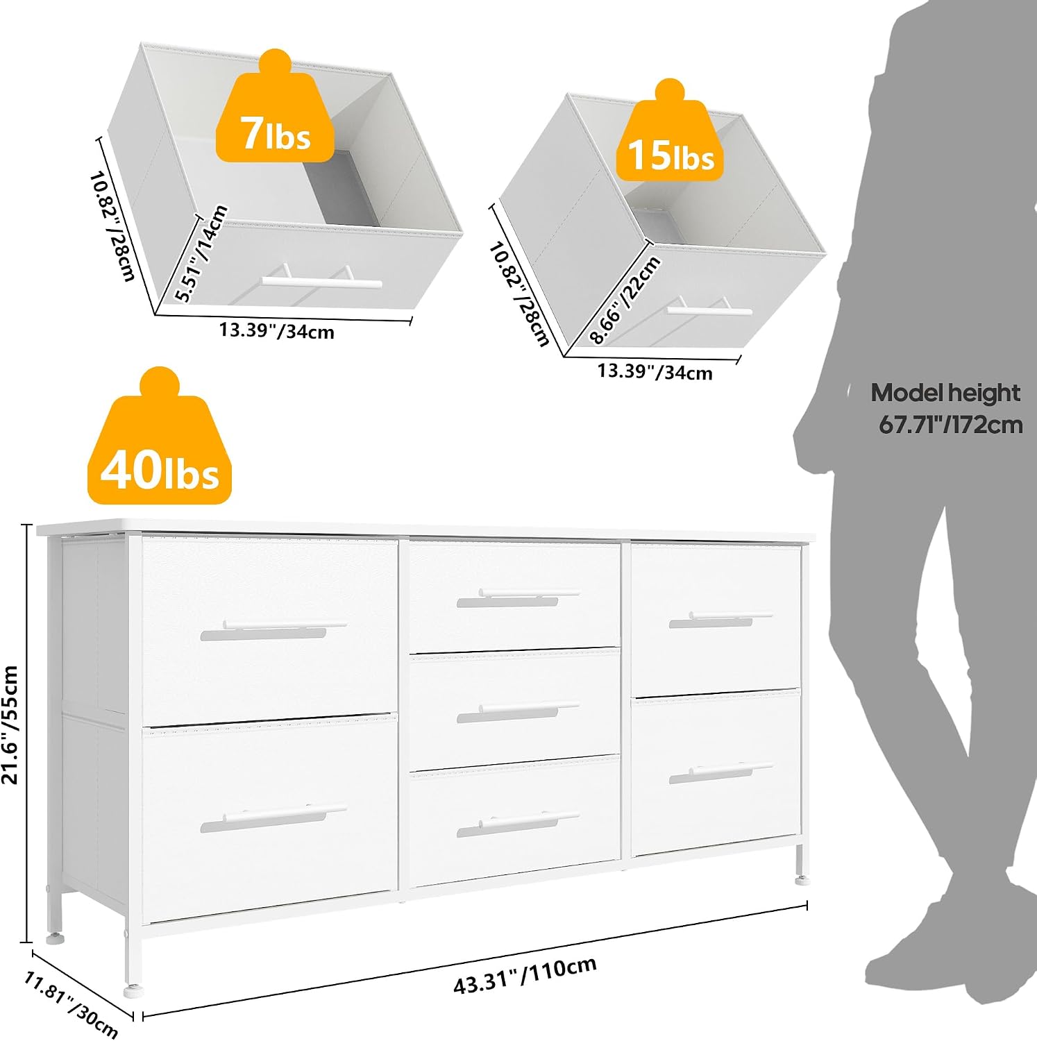 Chest of Drawers, Dresser for Bedroom with 7 Fabric Drawers, TV Stand on Castors, Storage Organizer for Living Room, Metal Frame and Wooden Top, White