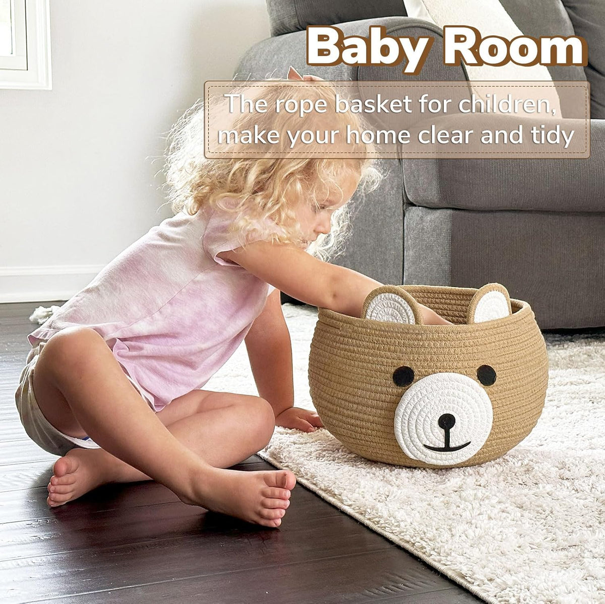 Storage Basket, Toy Storage, Baby Basket for Nursery, Bear Gift Baskets for Kids,Small Empty Baby Shower Baskets with Handles, 26.6 x 21.6 cm, Light Brown