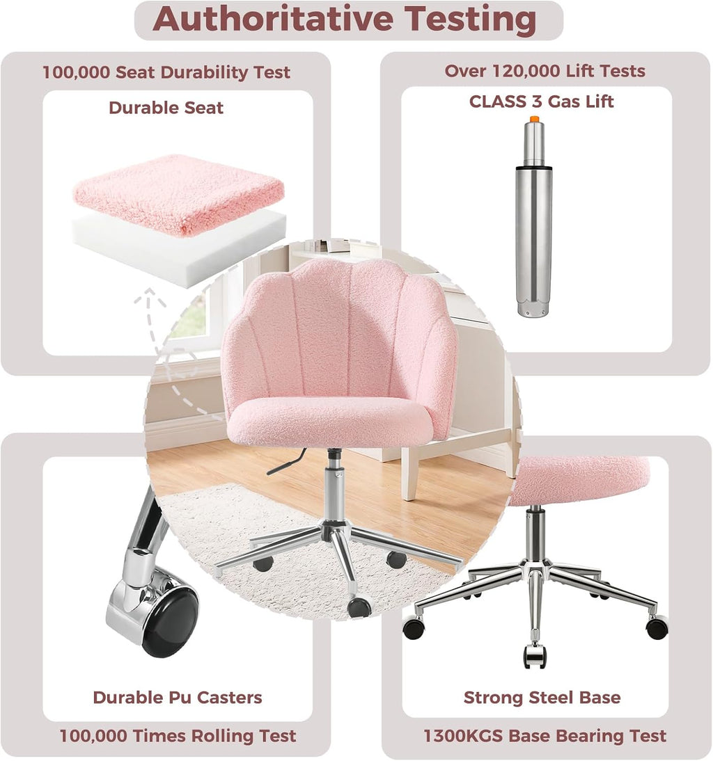 Vanity Chair for Dressing Table with Wheels, Boucle Chair for Bedroom, Swivel Armchair for Home, Height Adjustable&Easy Assembly, Pink