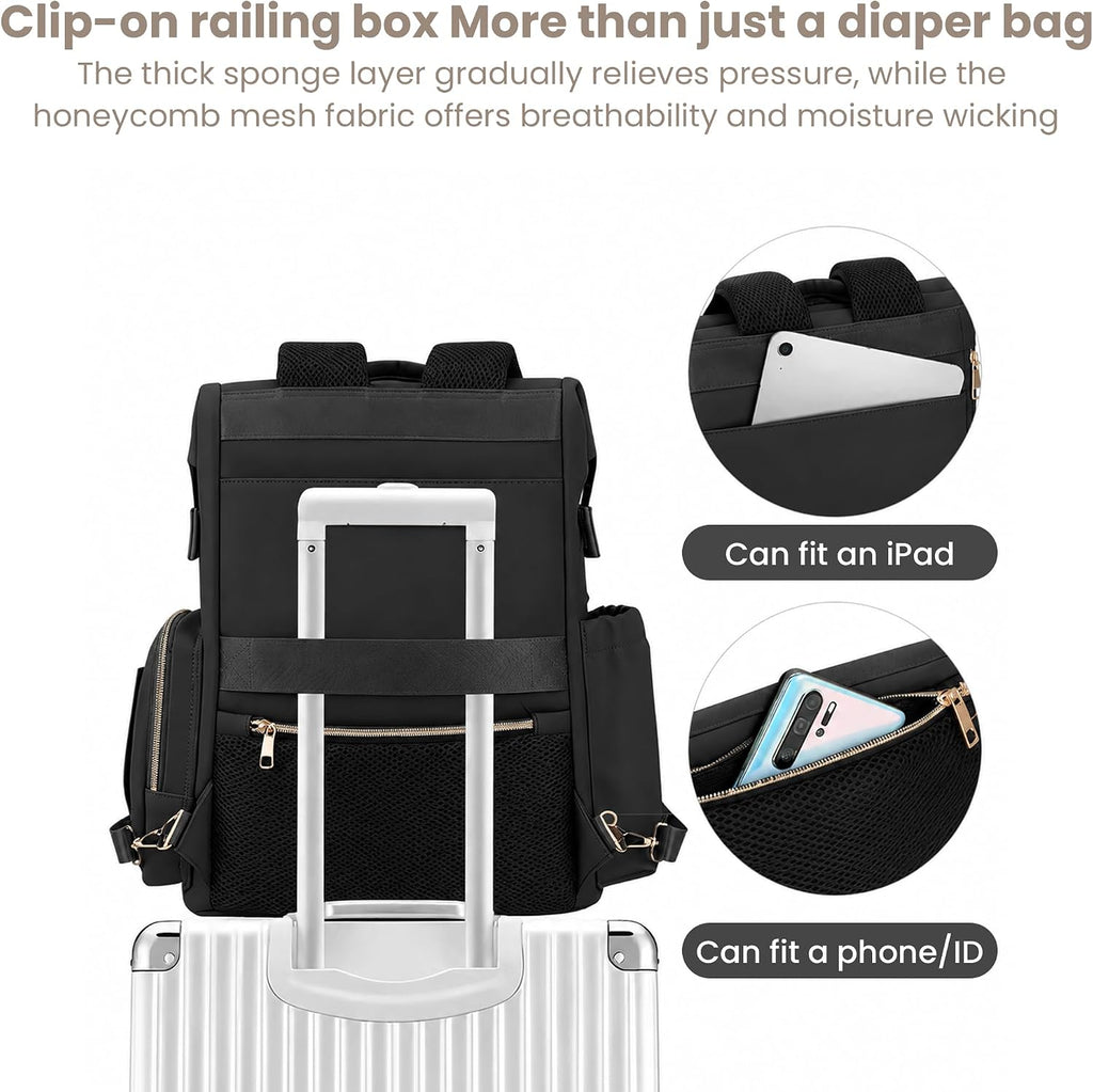 I IHAYNER Diaper Bag Backpack Leather Backpack for Women Travel Dad Mother Outdoor Backpack with Changing Pad Stroller Straps (Black)