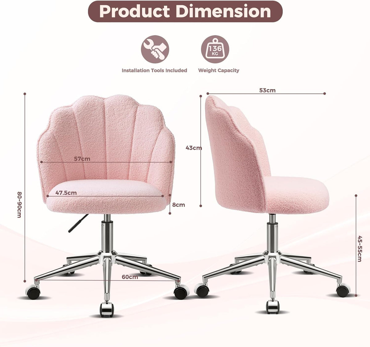 Vanity Chair for Dressing Table with Wheels, Boucle Chair for Bedroom, Swivel Armchair for Home, Height Adjustable&Easy Assembly, Pink