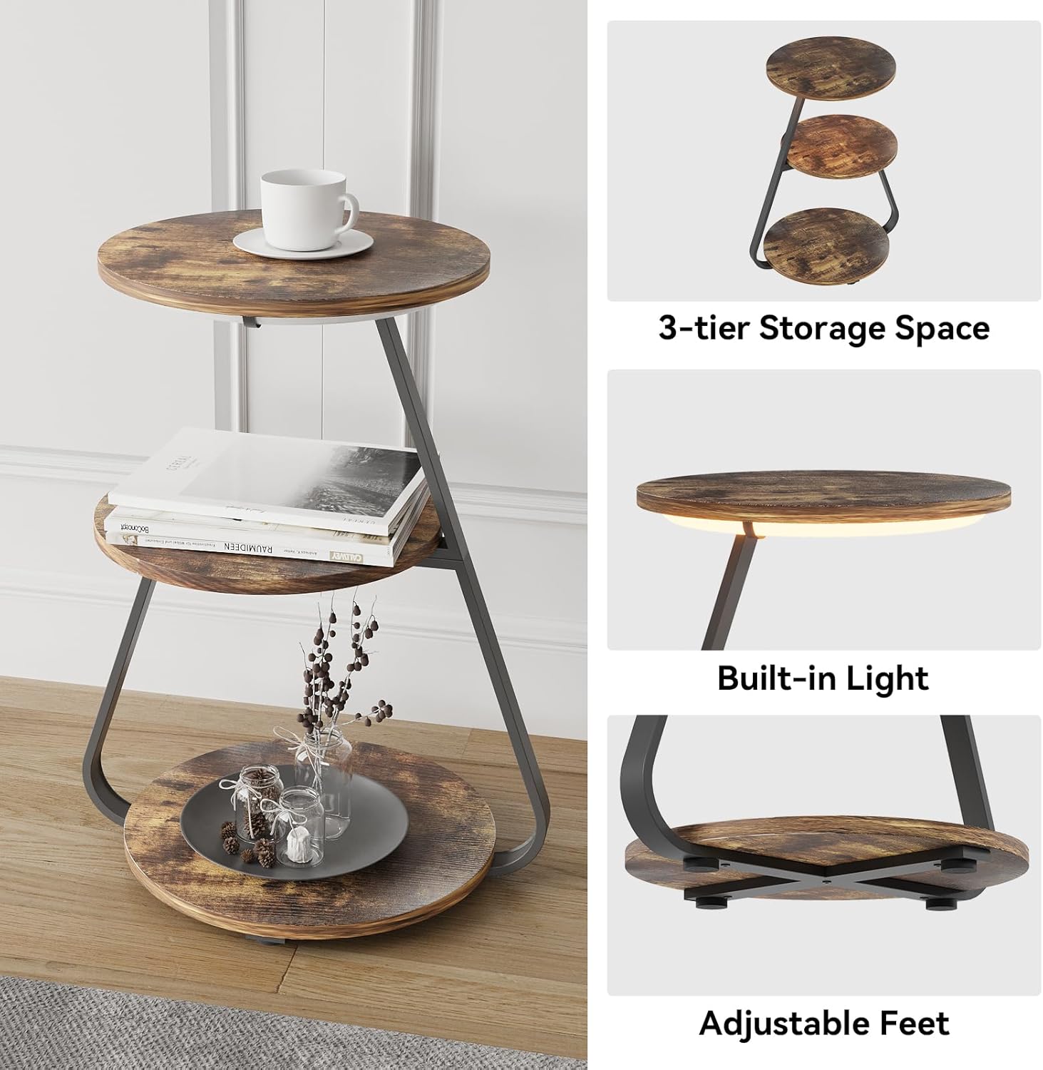 ARTETHYS Side Table, Small Round Coffee Table, Rustic Brown