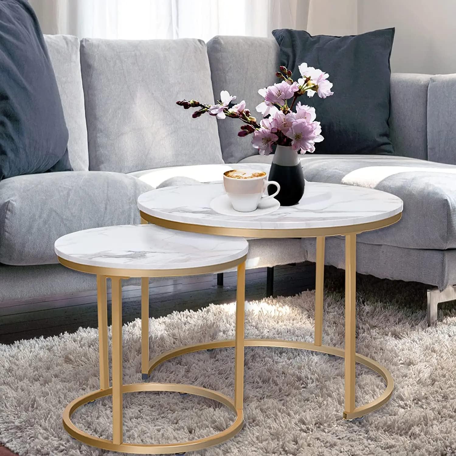 Elegant Round Nesting Coffee Tables –  Removable End Tables with Gold Metal Frame Legs & Marble Tops | Perfect for Living Room, Bedroom, Office & Balcony
