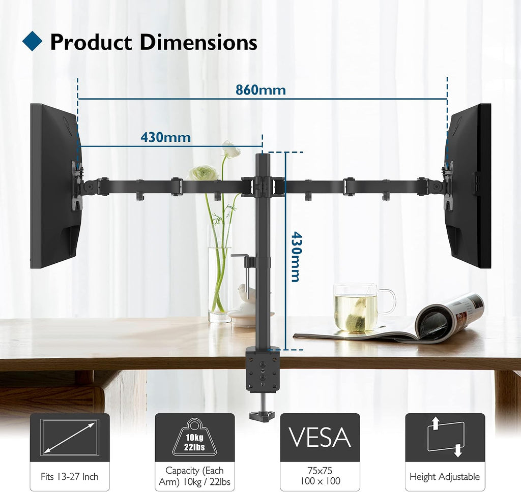 VEN-BONTEC Dual Monitor Arm Desk Mount for 13–27 Inch Computer Screens, VESA 75x75/100x100, Full Motion Adjustable Monitor Arm with 360° Rotation, Height Adjustable up to 430mm, Max 10kg per Arm, Black