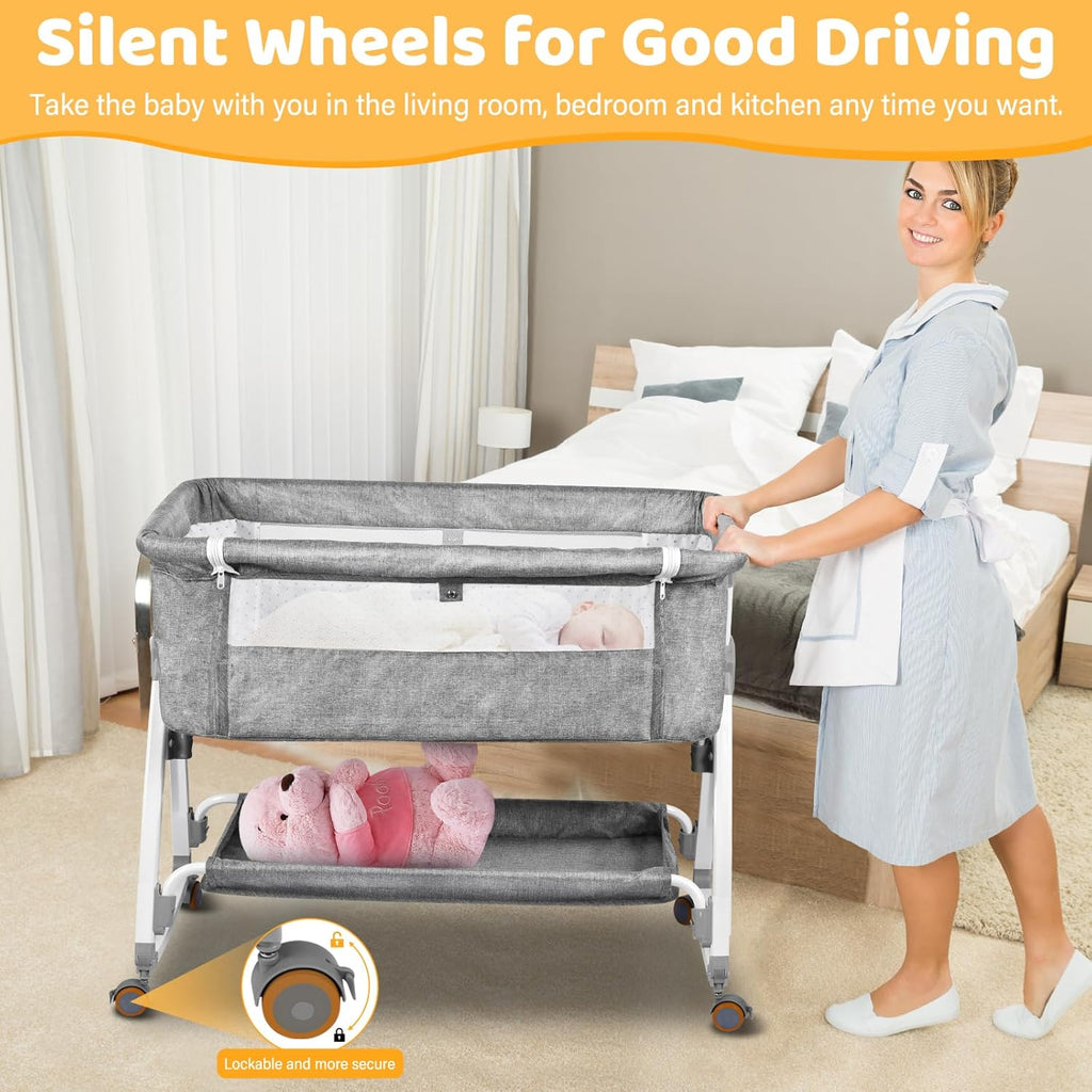 Portable Newborn Bassinet Cot - Adjustable Height Baby Bedside Sleeper with Storage Bag Mosquito Net & Mattress Foldable Travel Crib for Infant [Plus A Free Gift]