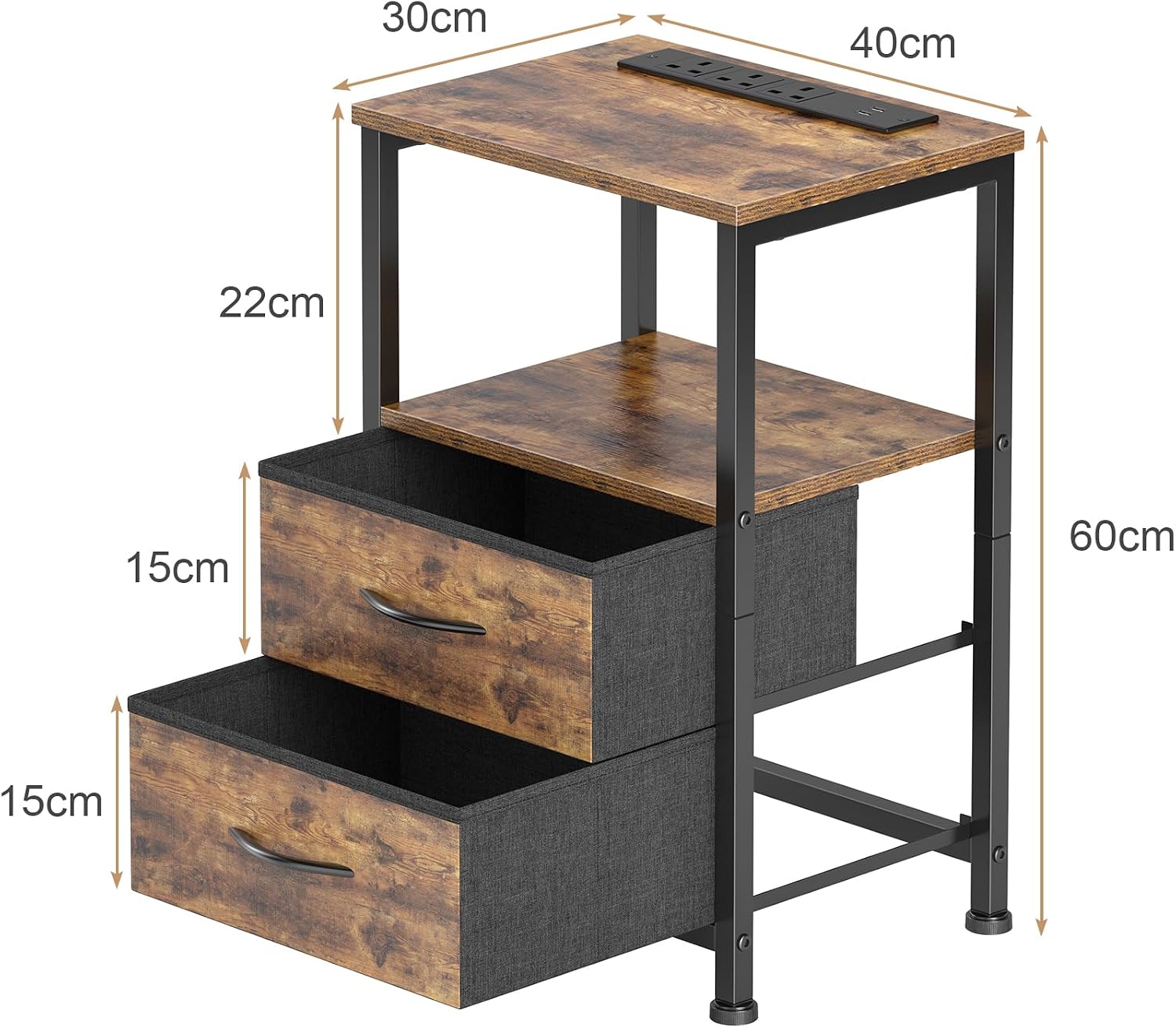 Yornoli Set of 2 Bedside Table with Charging Station 40cm Wide Bed Side Table for Bedroom with Fabric Drawers Small End Tables with Led Lights for Living Room Small Spaces Rustic Brown