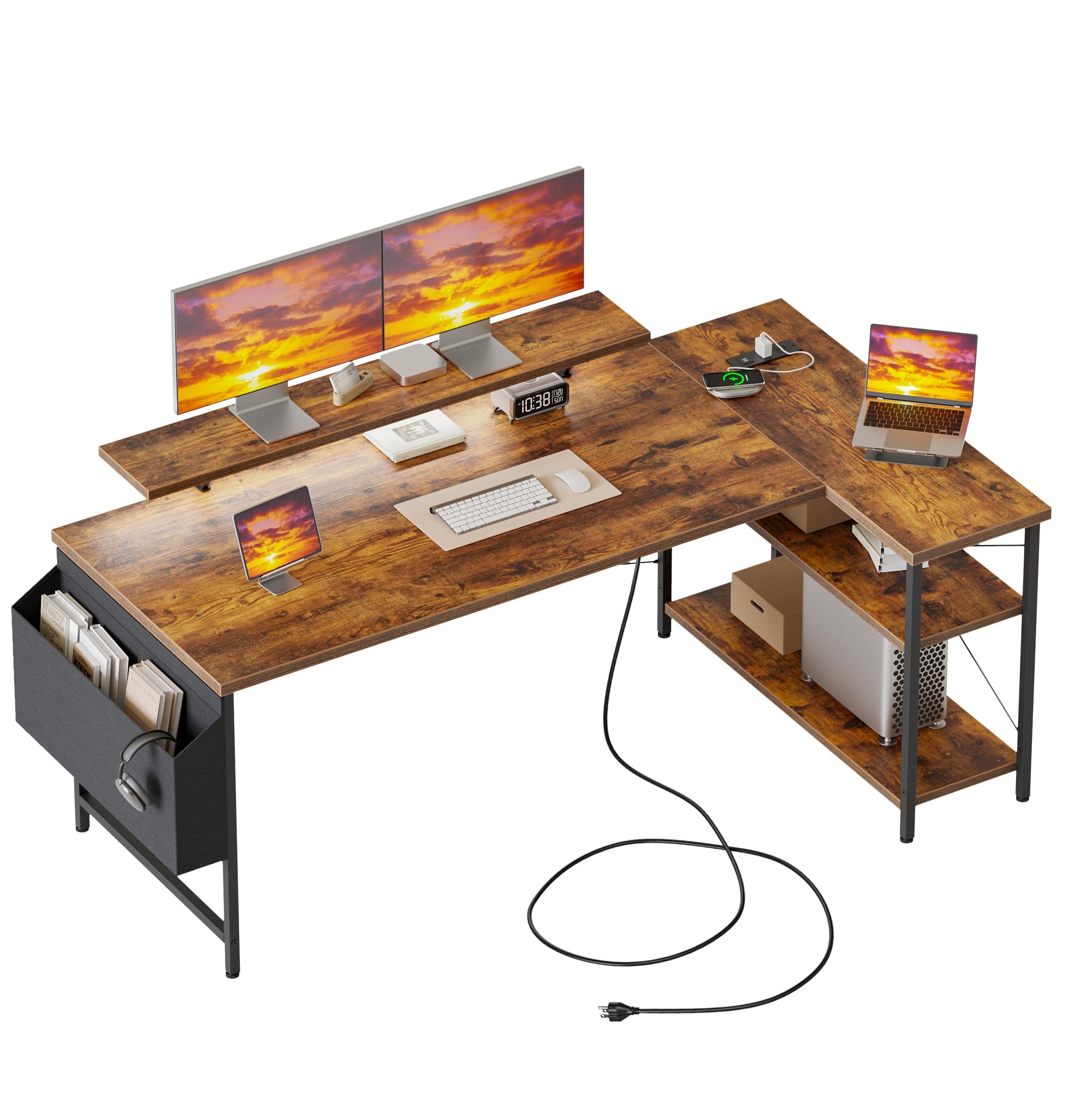 Mericonia Reversible Corner Desk, w. Power Outlets, 100x70cm, Black