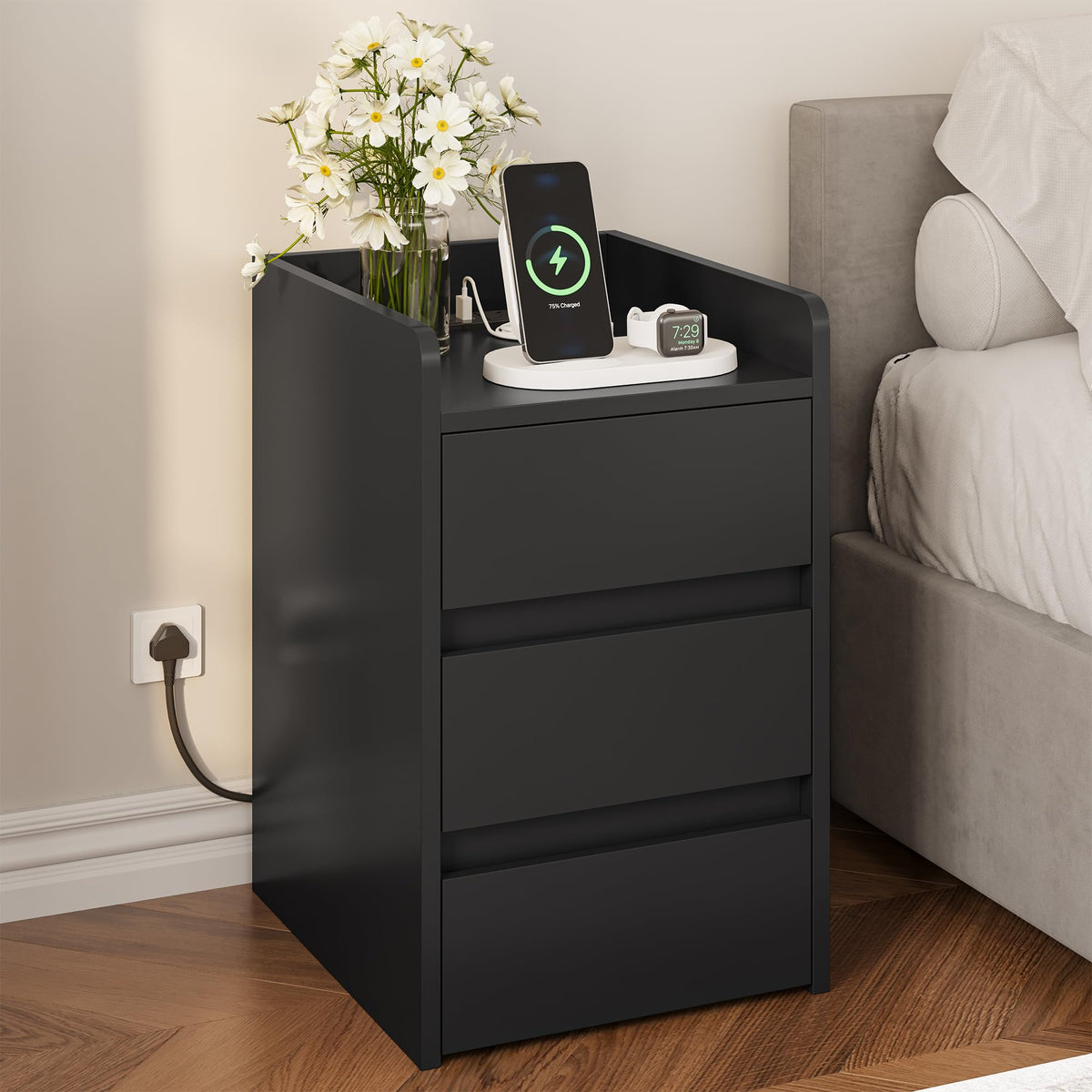 YITAHOME Bedside Table with 3 Drawers and Power Station Grey