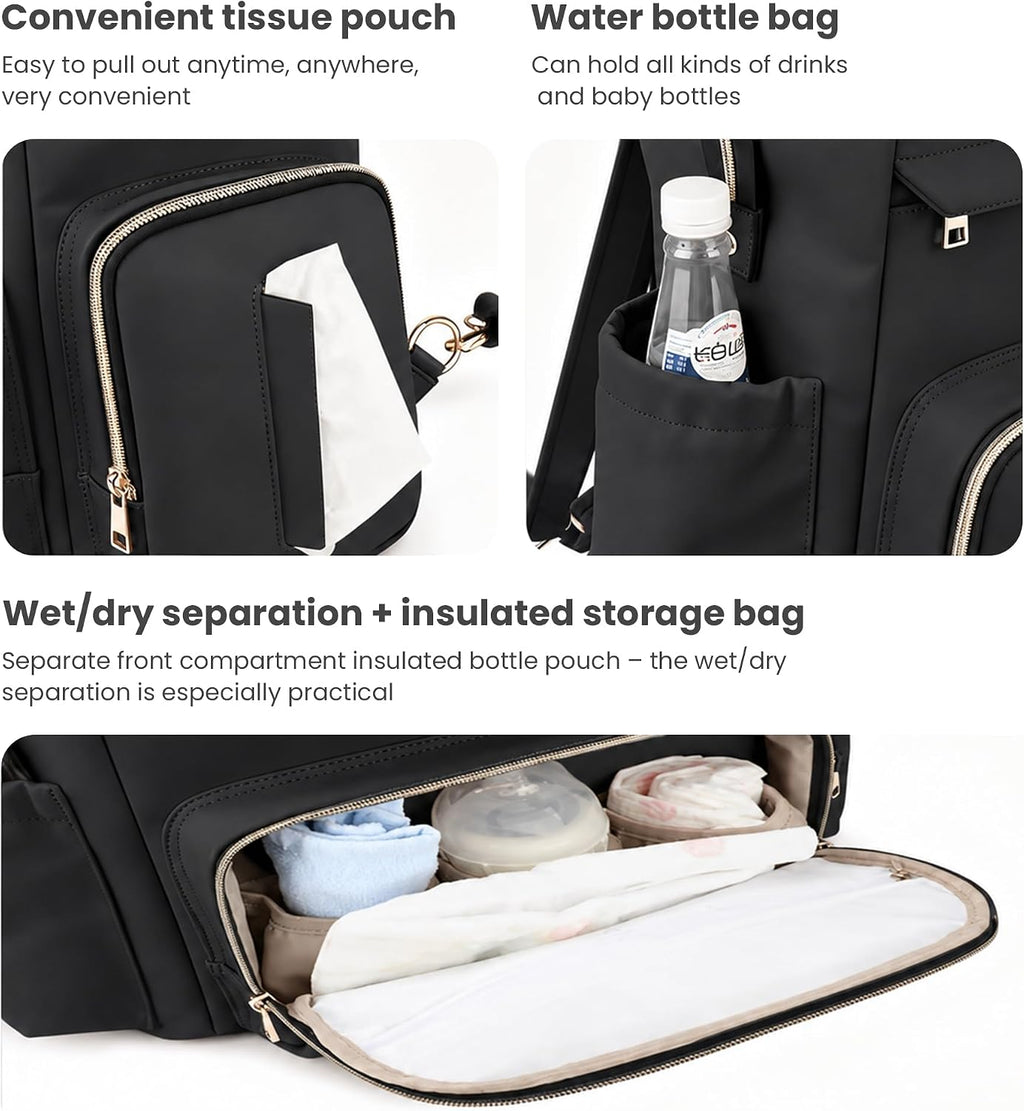 I IHAYNER Diaper Bag Backpack Leather Backpack for Women Travel Dad Mother Outdoor Backpack with Changing Pad Stroller Straps (Black)