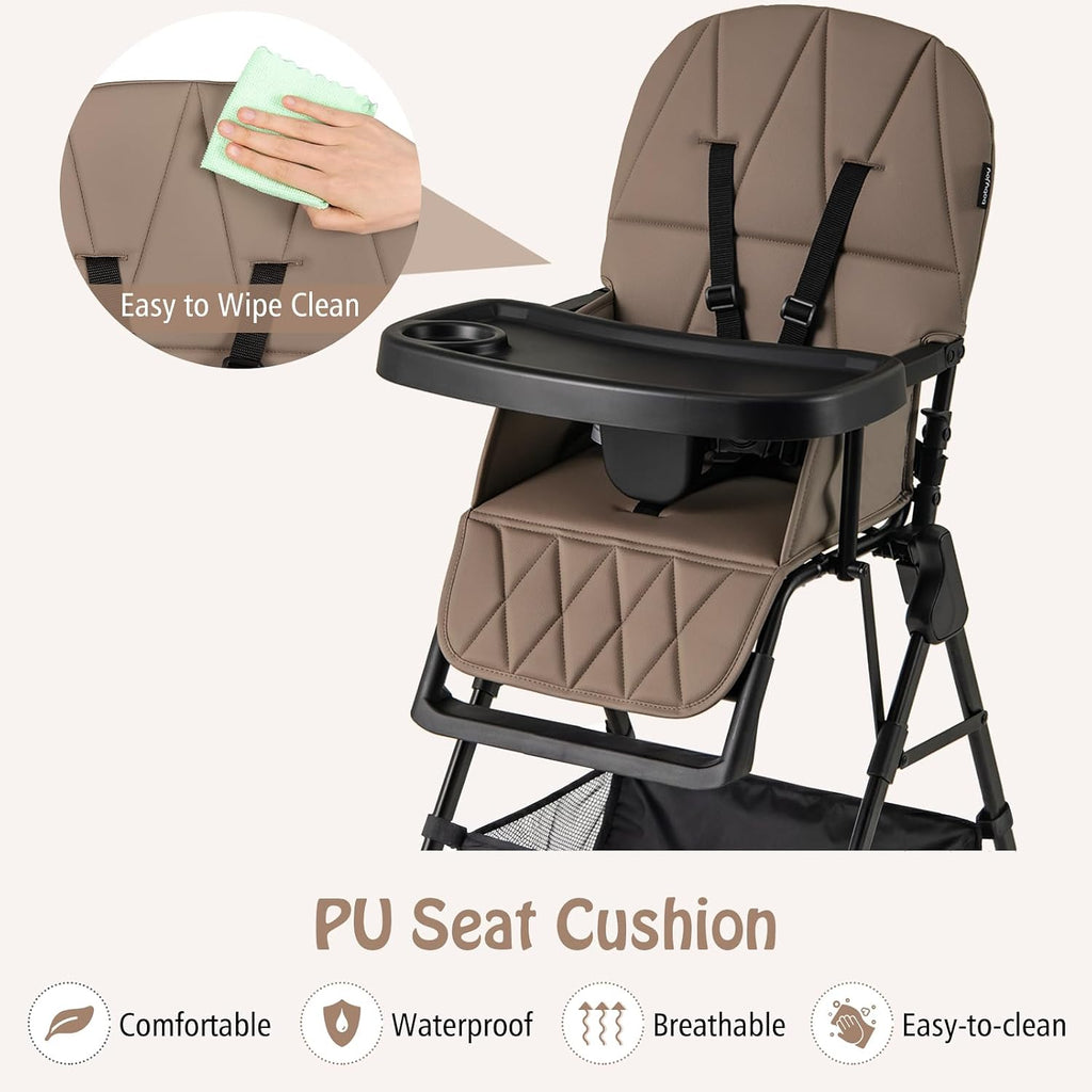Maxmass Foldable High Chair, Compact High Chair with 3-Position Adjustable Dishwashable Tray, Removable Seat Cushion, 5-Point Safety Harness, Highchair for Baby Infant (Brown with Basket)