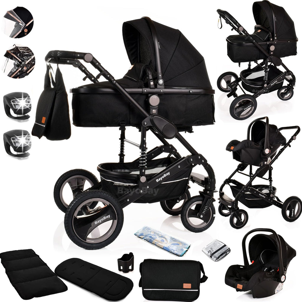 Baby Pram & Pushchair Travel System 3 in1 with Car Seat - Lightweight Folding Buggy Stroller for Newborns 0-36 Months (Black - Silver Frame)
