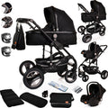 Baby Pram & Pushchair Travel System 3 in1 with Car Seat - Lightweight Folding Buggy Stroller for Newborns 0-36 Months (Black - Silver Frame)