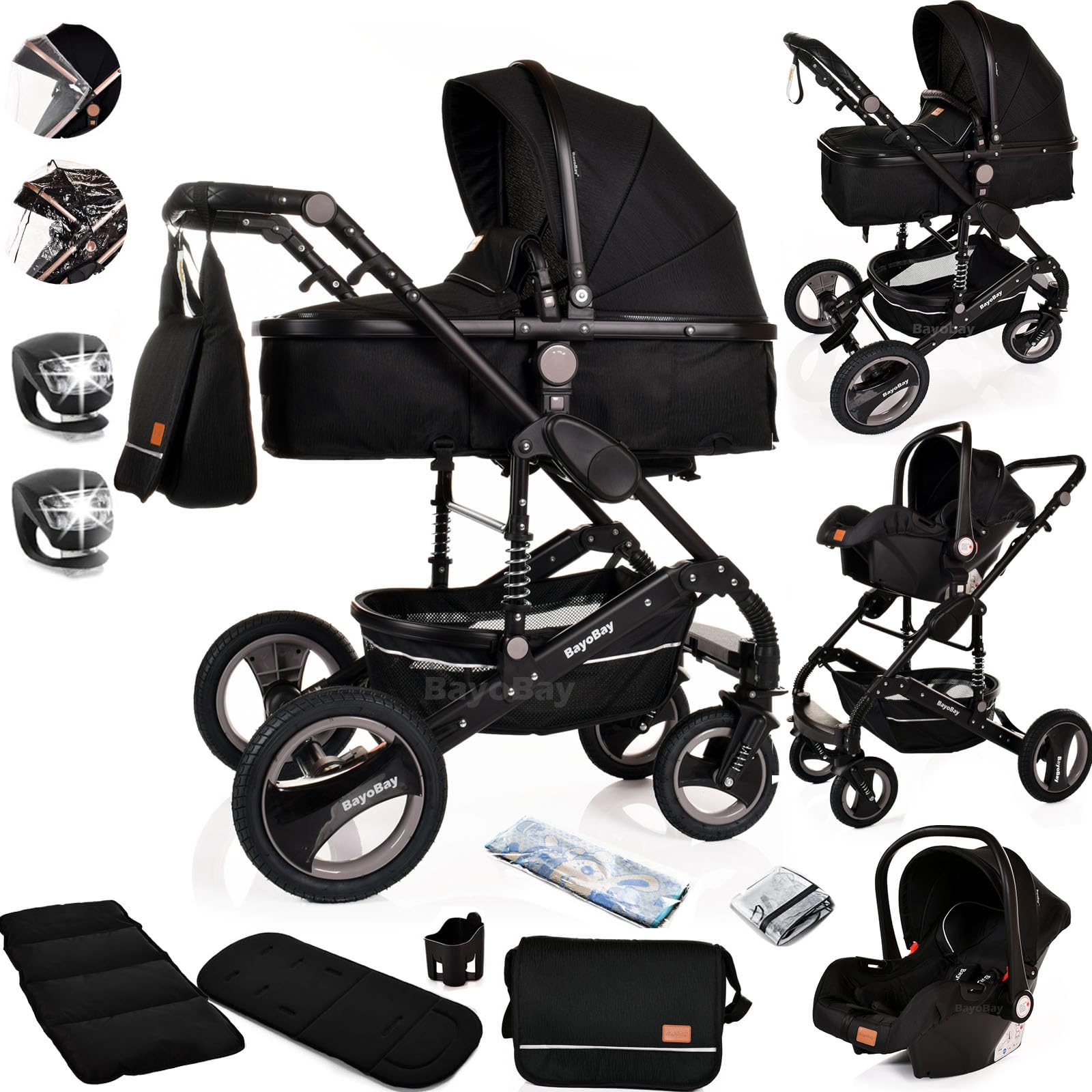 Baby Pram & Pushchair Travel System 3 in1 with Car Seat - Lightweight Folding Buggy Stroller for Newborns 0-36 Months (Black - Silver Frame)