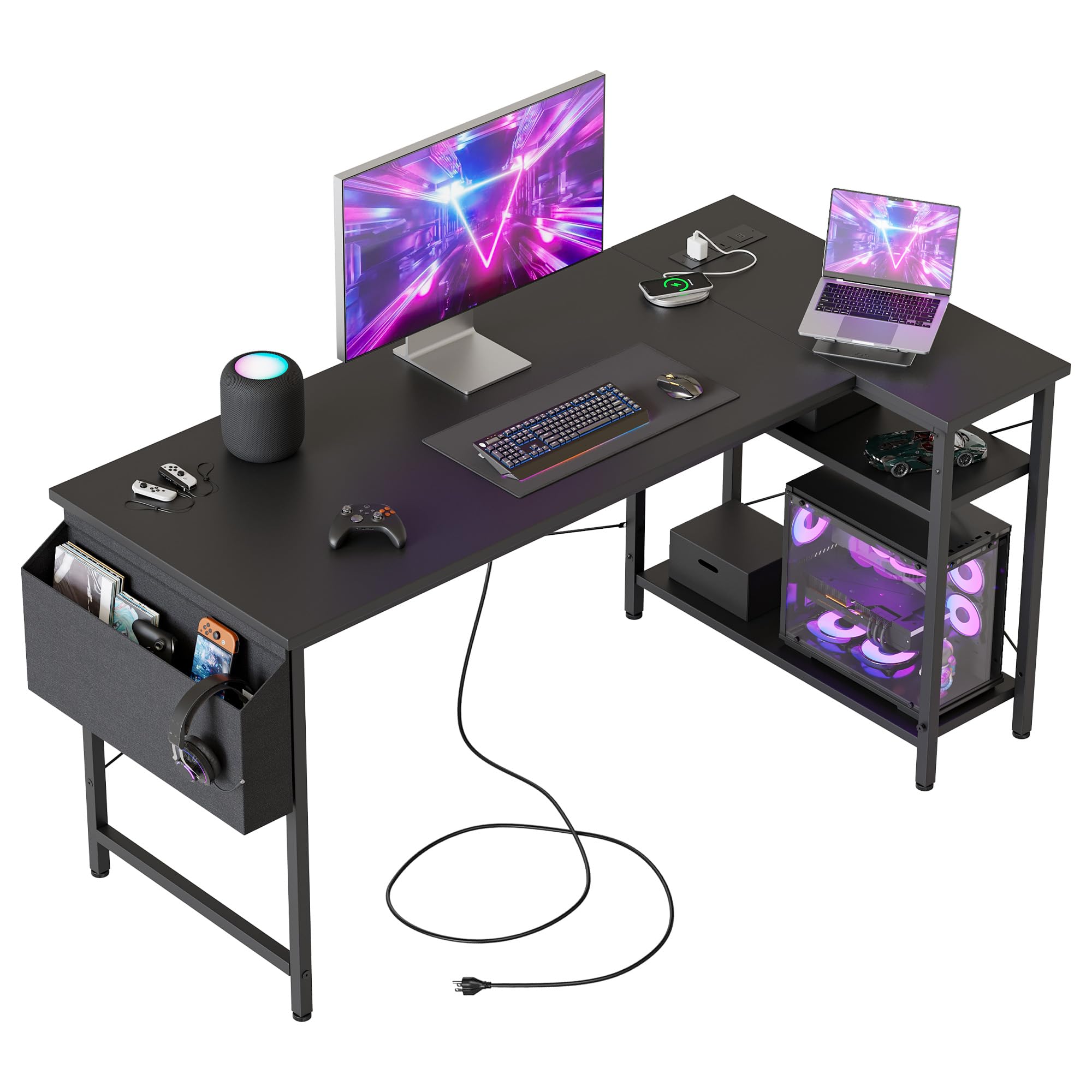 Mericonia Reversible Corner Desk, w. Power Outlets, 100x70cm, Black