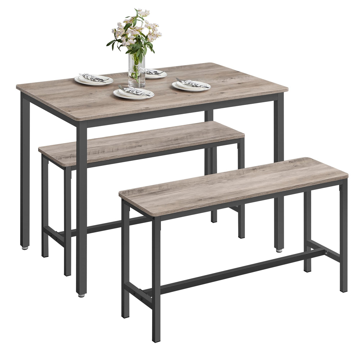 VASAGLE Dining Table with 2 Benches, 3 Piece Set, Kitchen Table of 70 x 110 x 75 cm, 2 Benches of 30 x 97 x 50 cm Each, Steel Frame, Industrial Design, Rustic Brown and Black KDT070B01