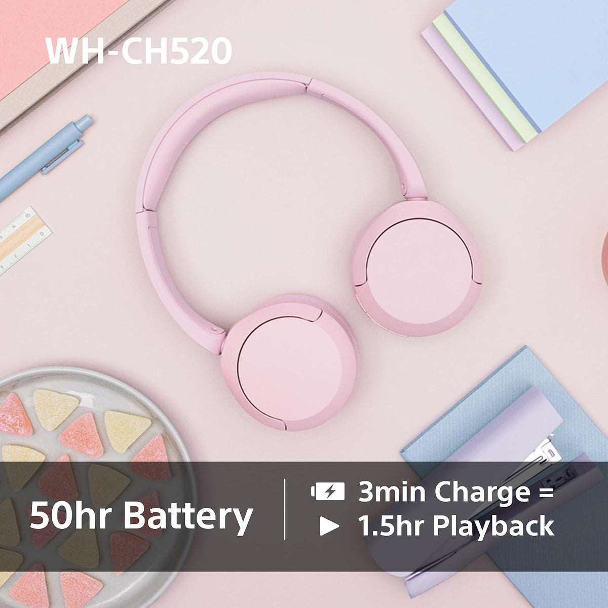 VEN-Sony WH-CH520 Wireless Bluetooth On-Ear Headphones, Lightweight Design, Up to 50 Hr Battery Life, Quick Charge, EQ, Clear Call Quality, iOS & Android, Black