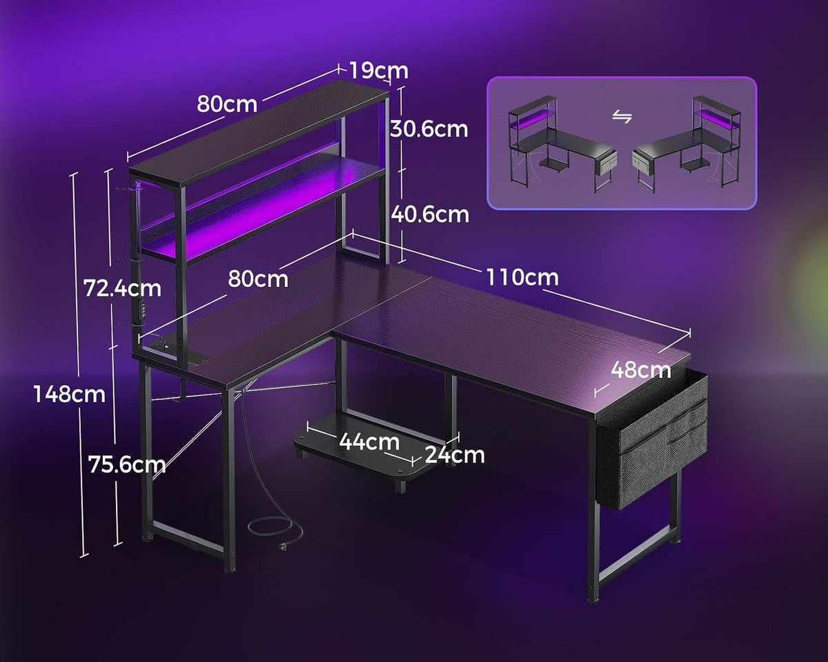 Coleshome L Shaped Gaming Desk with LED Lights & Power Outlet, Black
