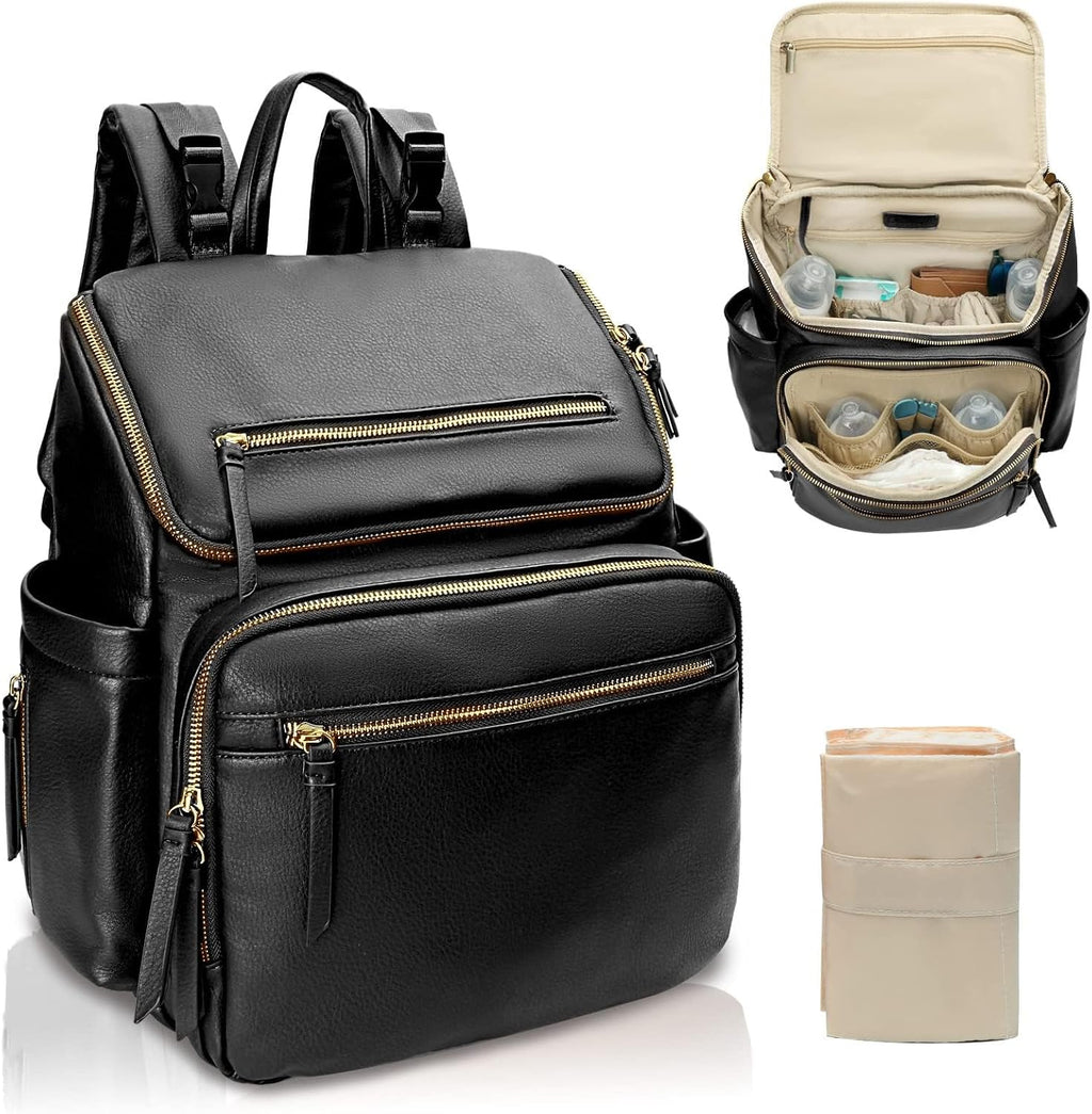 MISS FONG Baby Changing Bags, Changing Backpack Baby Bag Nappy Backpack Diaper Bag for Mom & Dad Leather Maternity Large Pregnancy Hospital Bag with 4Insulated Pockets Pram Clip& Changing Mat- Black