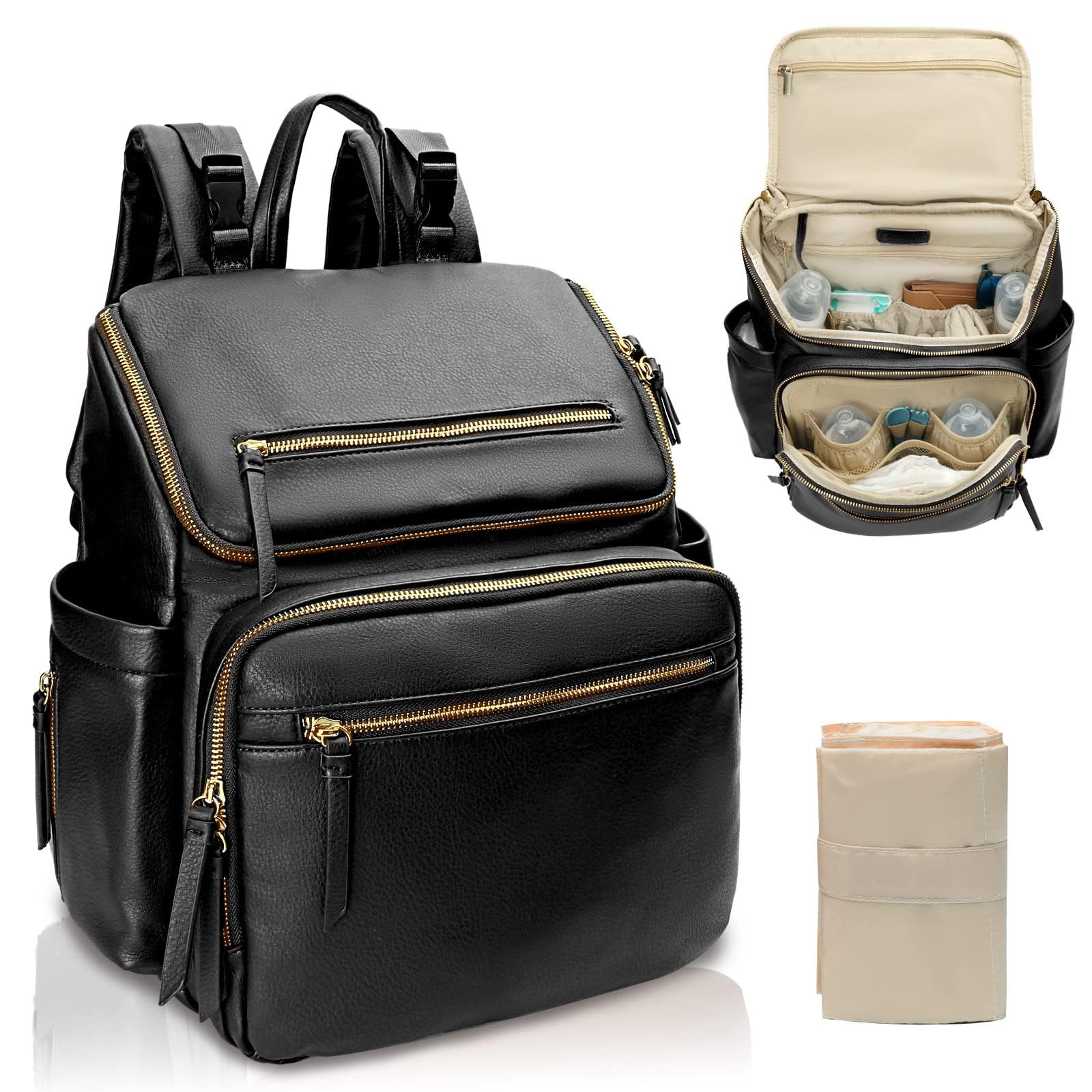 MISS FONG Baby Changing Bags, Changing Backpack Baby Bag Nappy Backpack Diaper Bag for Mom & Dad Leather Maternity Large Pregnancy Hospital Bag with 4Insulated Pockets Pram Clip& Changing Mat- Black