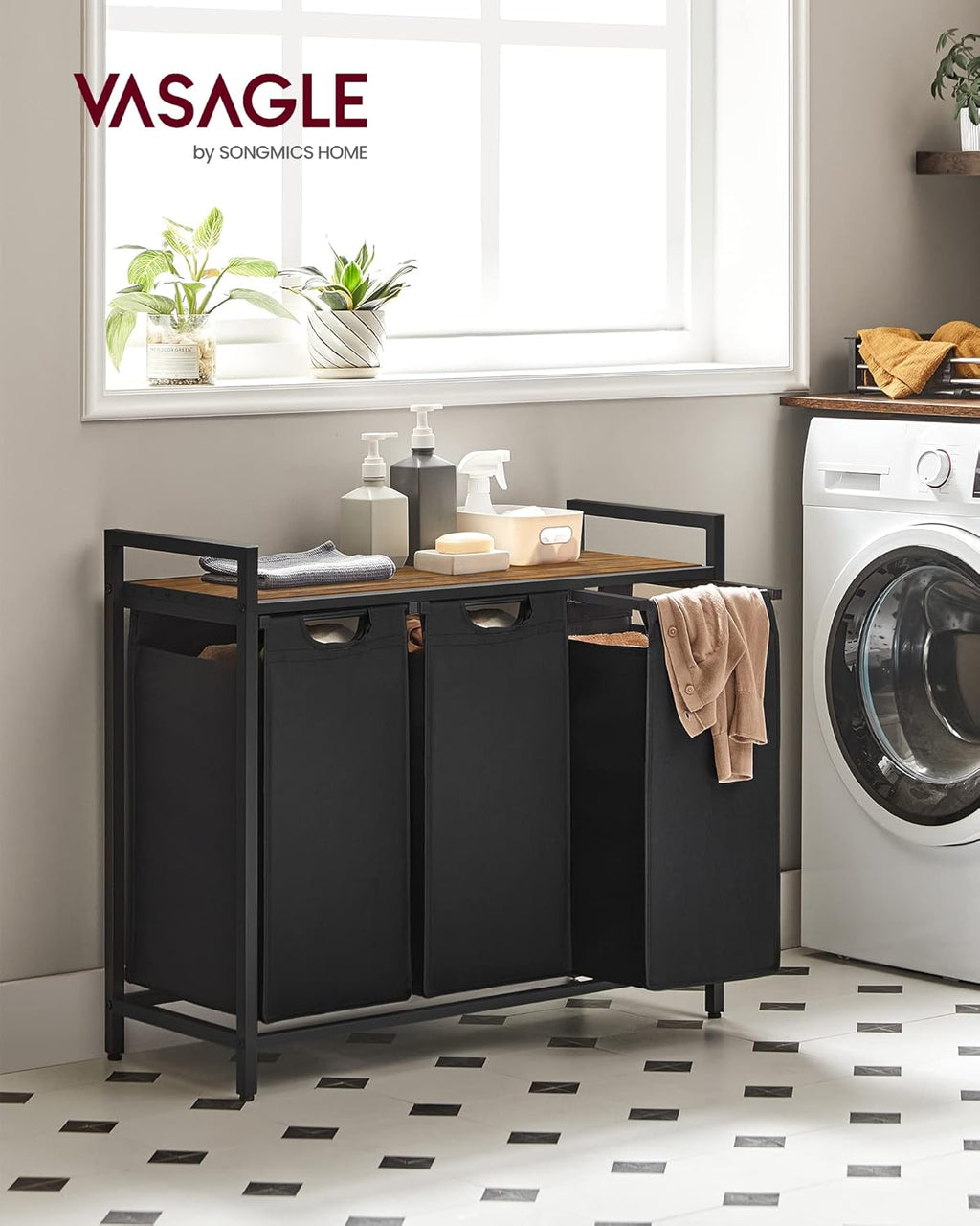 VASAGLE Laundry Basket, 3-Compartment Laundry Hamper, Pull-Out and Removable Liner Bags, Clothes Sorter, Shelf, Metal Frame, 3 x 40 L, 92.5 x 33 x 72 cm, Ink Black and Rustic Brown BLH301B01