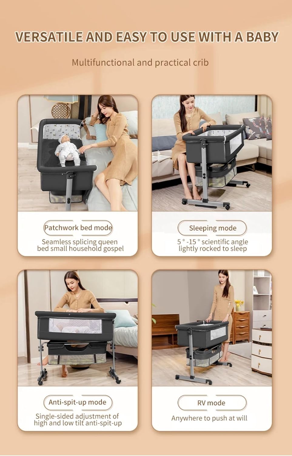 3 in 1 Baby Crib, Baby Cradle, Bassinet, Infant Cot, Bedside Sleeper, Travel Cot, with Mattress and Changing Table, Folding, Adjustable, Rocking, Portable Crib, Mosquito Net and Wheels New