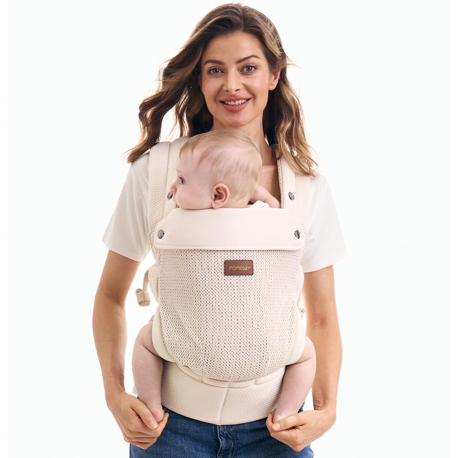 Momcozy Baby Carrier for 3-24M/3.2-20kg, Waist 64-127cm, Air Mesh-Apricot