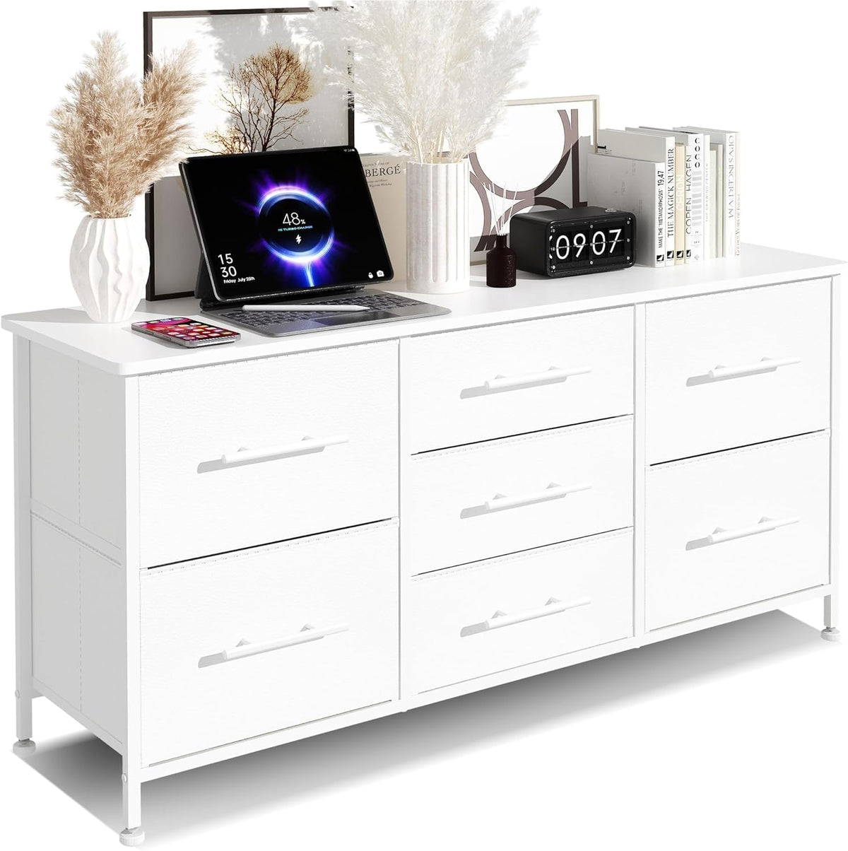 Chest of Drawers, Dresser for Bedroom with 7 Fabric Drawers, TV Stand on Castors, Storage Organizer for Living Room, Metal Frame and Wooden Top, White
