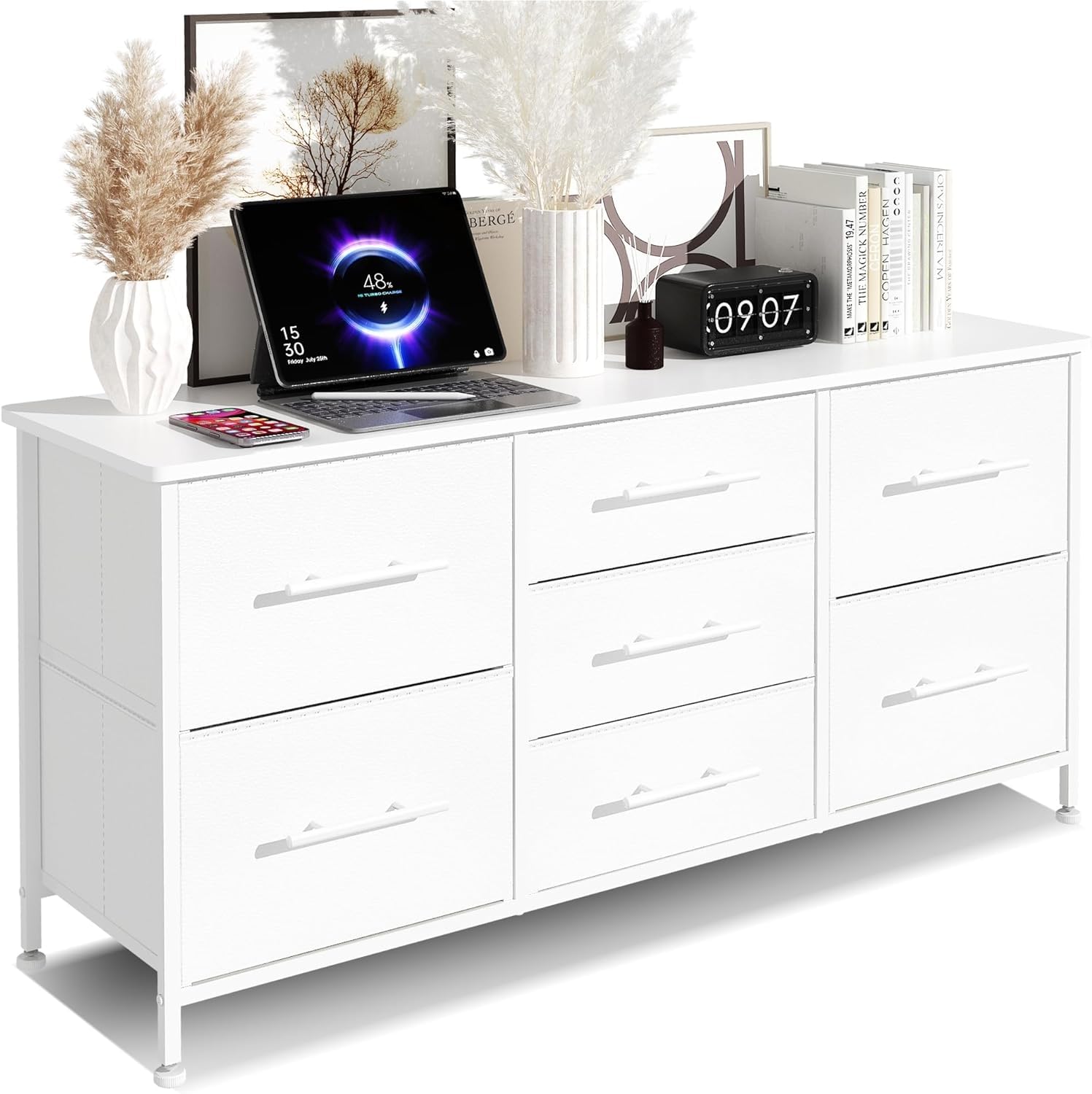 Chest of Drawers, Dresser for Bedroom with 7 Fabric Drawers, TV Stand on Castors, Storage Organizer for Living Room, Metal Frame and Wooden Top, White